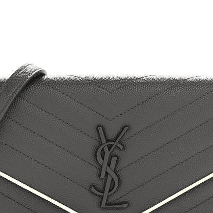 Saint Laurent Grain De Poudre Matelasse Chevron Monogram Envelope Chain Wallet Asphalt White 8 of 14