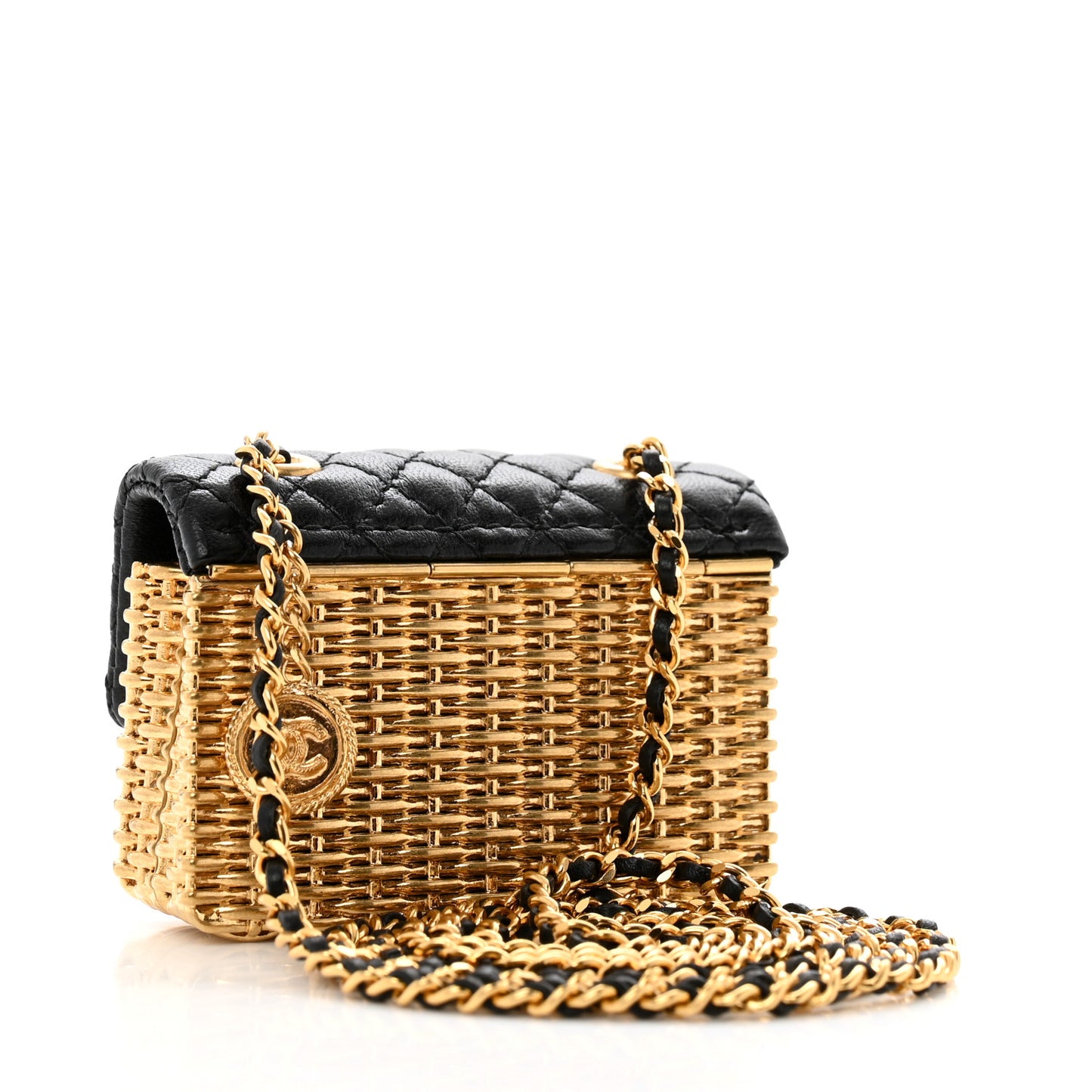 Woven Metal Lambskin Quilted Micro Flap Black Gold