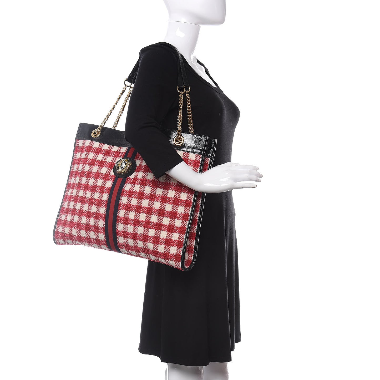 Tweed Check Large Rajah Chain Tote Black Red