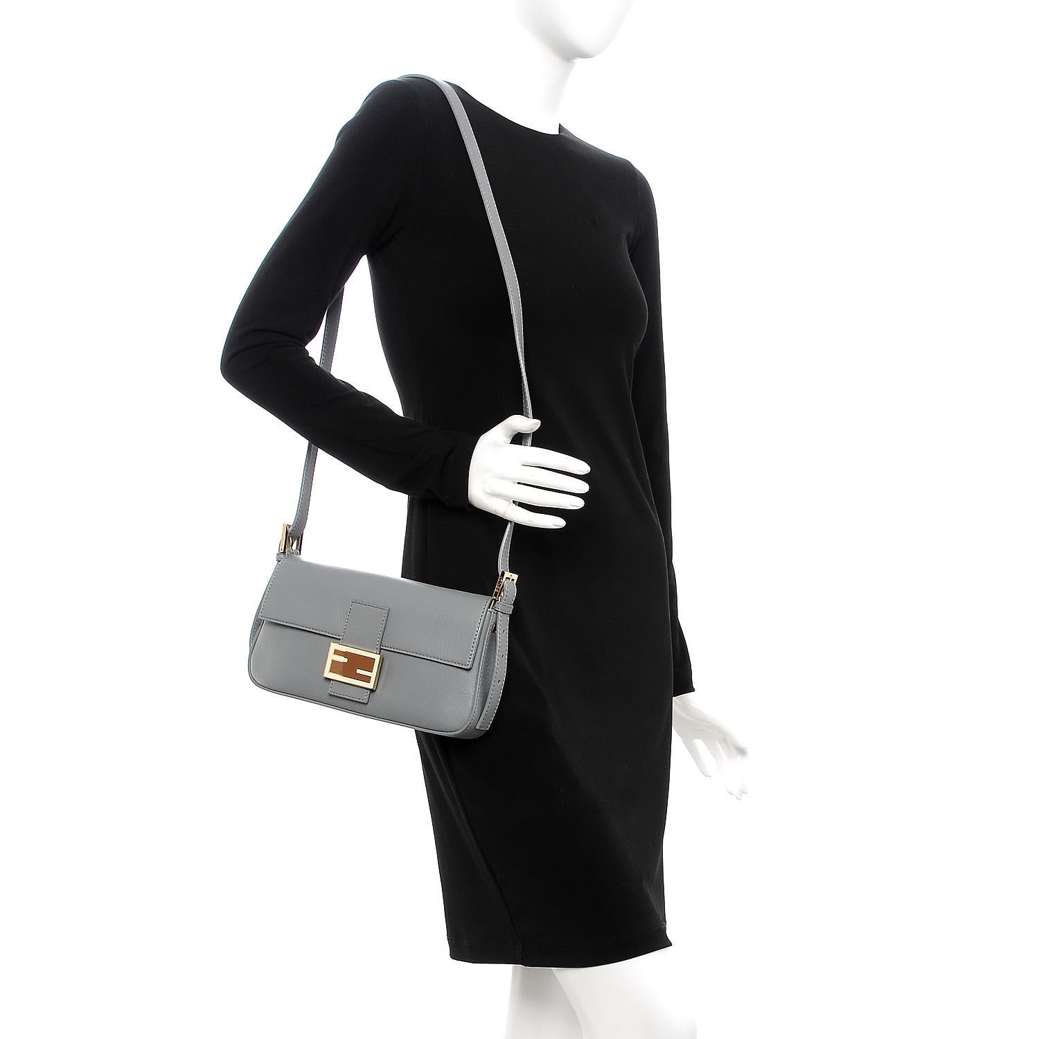 Fendi Vitello Enamel Interchangeable Strap Baguette Grigio 2 of 10