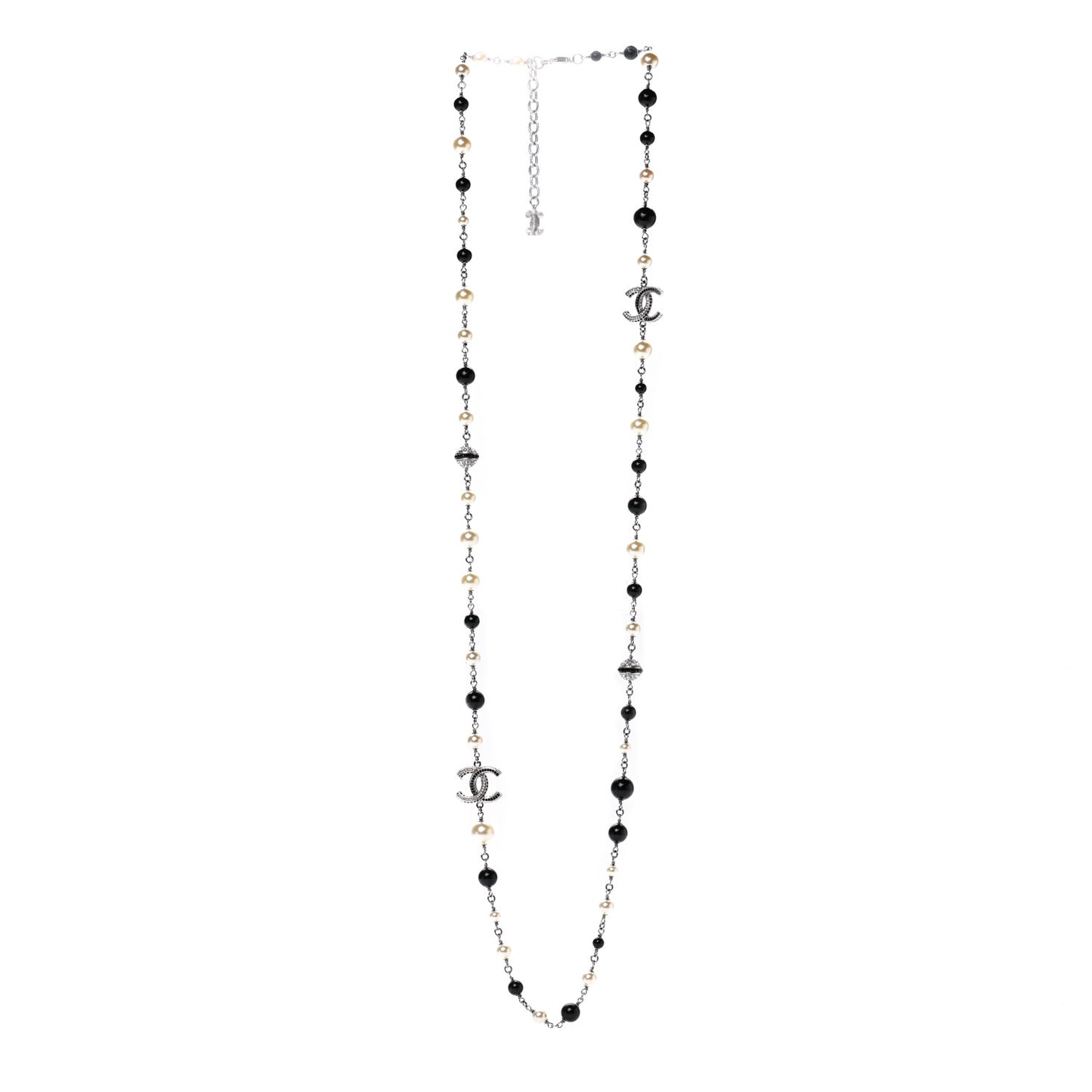 Pearl Crystal Bead CC Long Necklace Black Silver