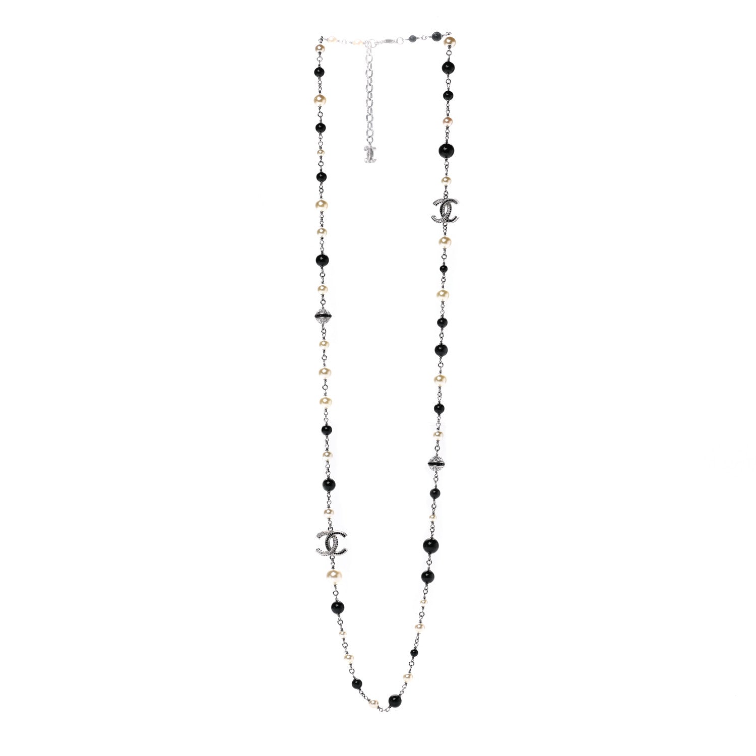 Chanel Pearl Crystal Bead CC Long Necklace Black Silver 3 of 7