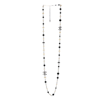 Chanel Pearl Crystal Bead CC Long Necklace Black Silver 3 of 7