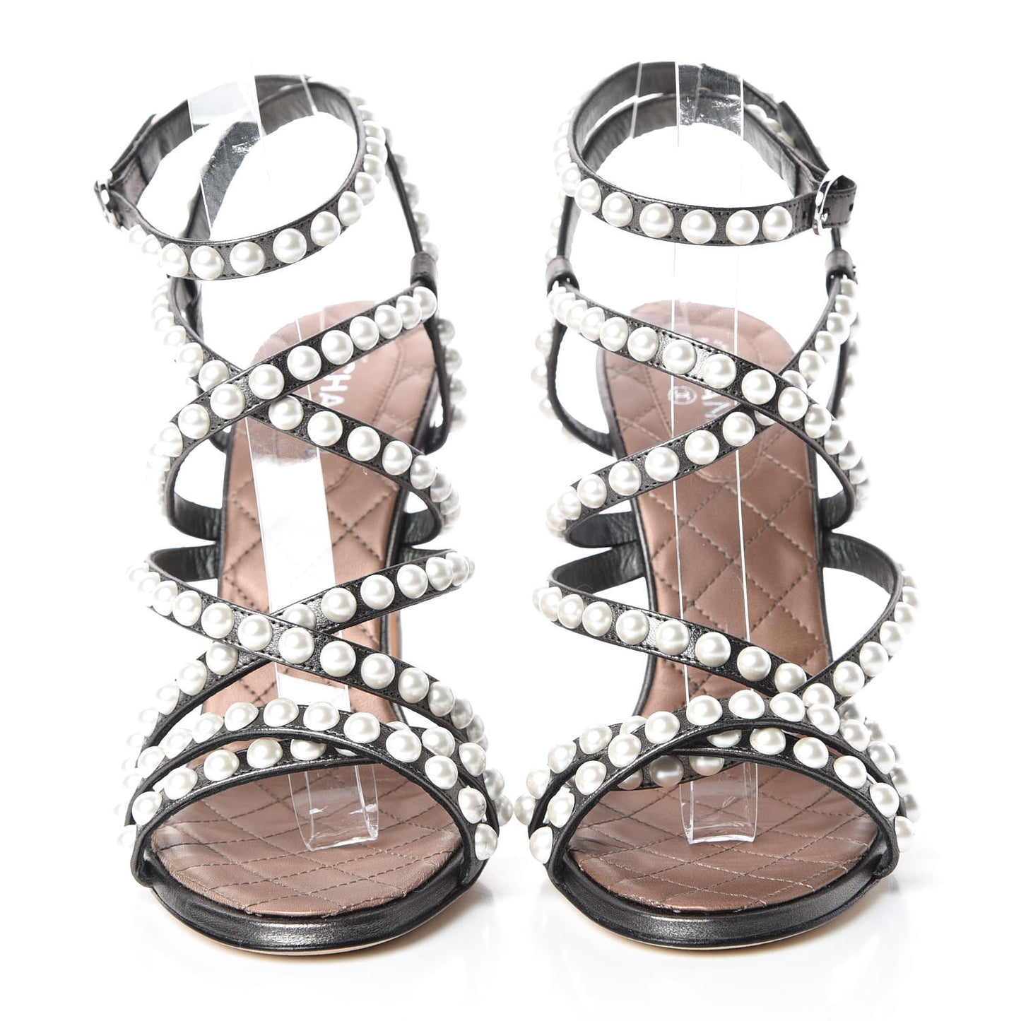 Laminated Lambskin Quilted Pearl Sandals 37.5 Khaki