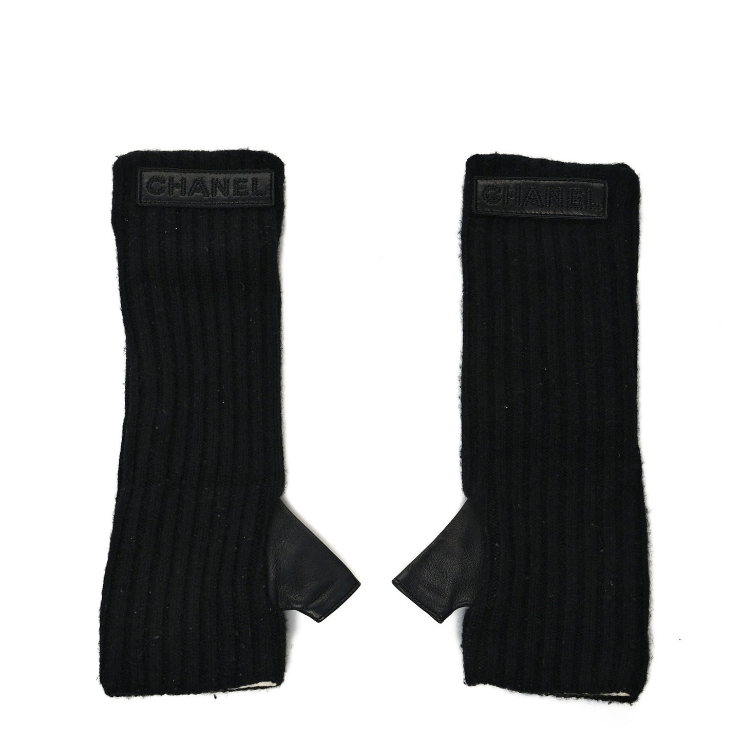 Cashmere Wool Lambskin Logo Fingerless Gloves 7.5 Black