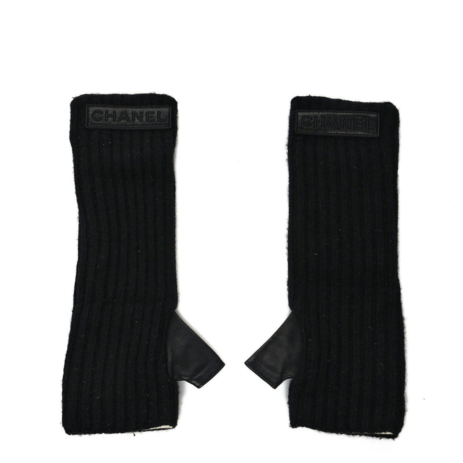 Chanel Cashmere Wool Lambskin Logo Fingerless Gloves 7.5 Black 1 of 4