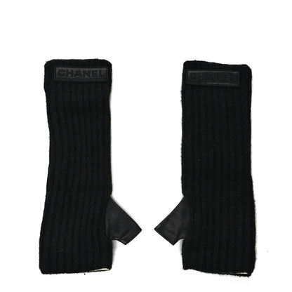 Chanel Cashmere Wool Lambskin Logo Fingerless Gloves 7.5 Black 1 of 4