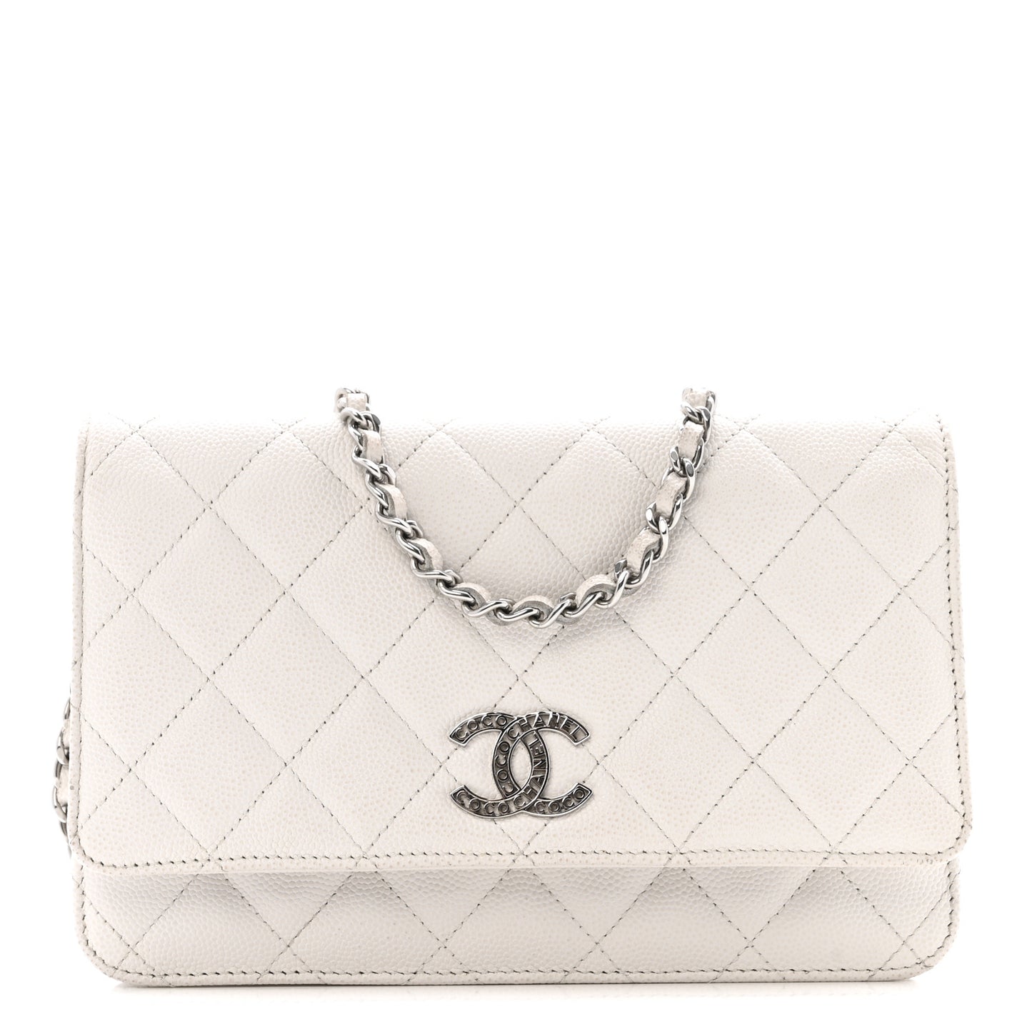 Caviar Quilted CC Logo Wallet on Chain WOC White