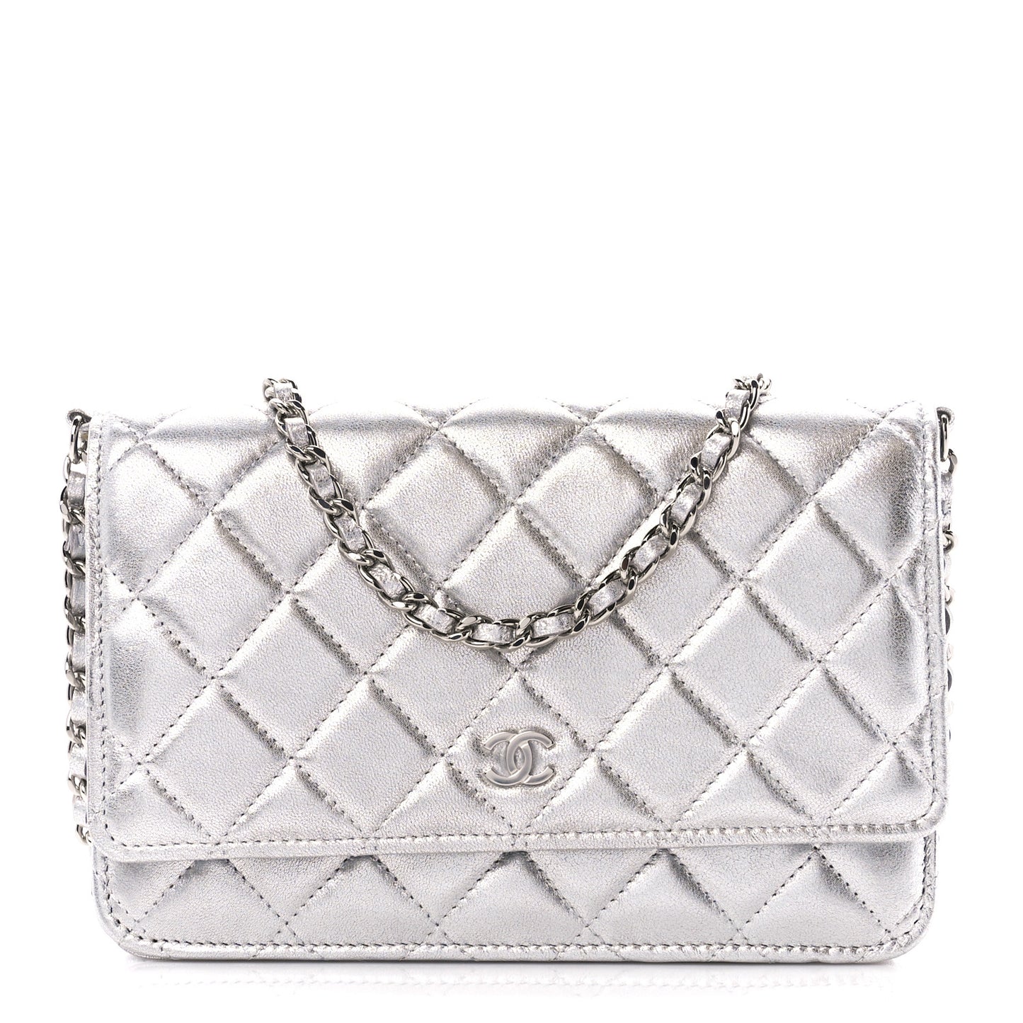 Metallic Lambskin Quilted Wallet On Chain WOC Silver
