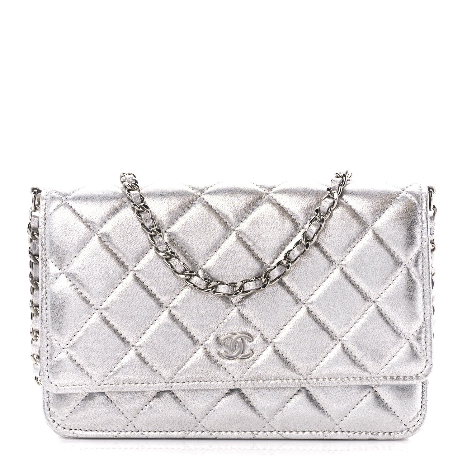 Chanel Metallic Lambskin Quilted Wallet On Chain WOC Silver 1 of 13