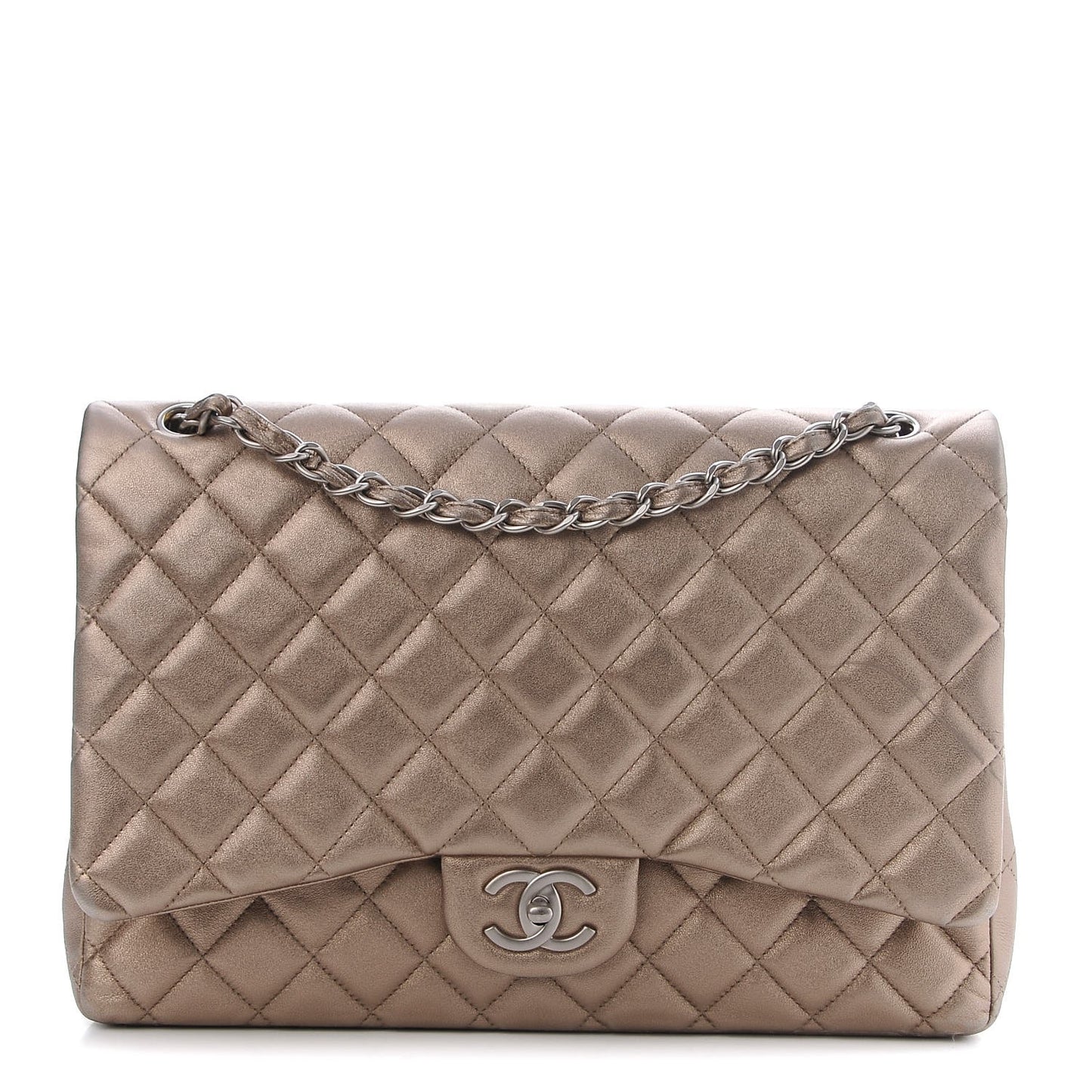 Metallic Lambskin Quilted Maxi Double Flap Light Gold