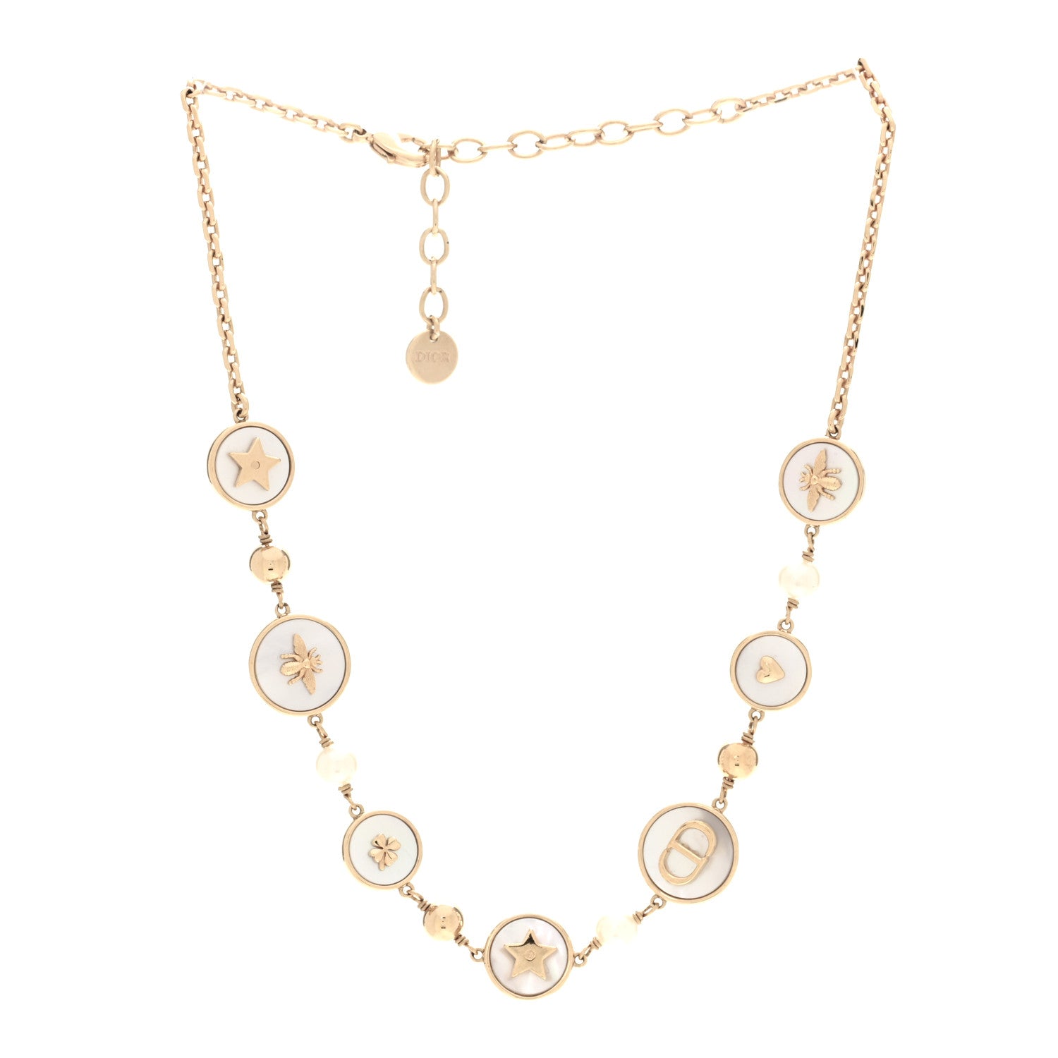 Christian Dior Metal Resin Pearl Mother of Pearl D-Luck Short Necklace Gold 3 of 5