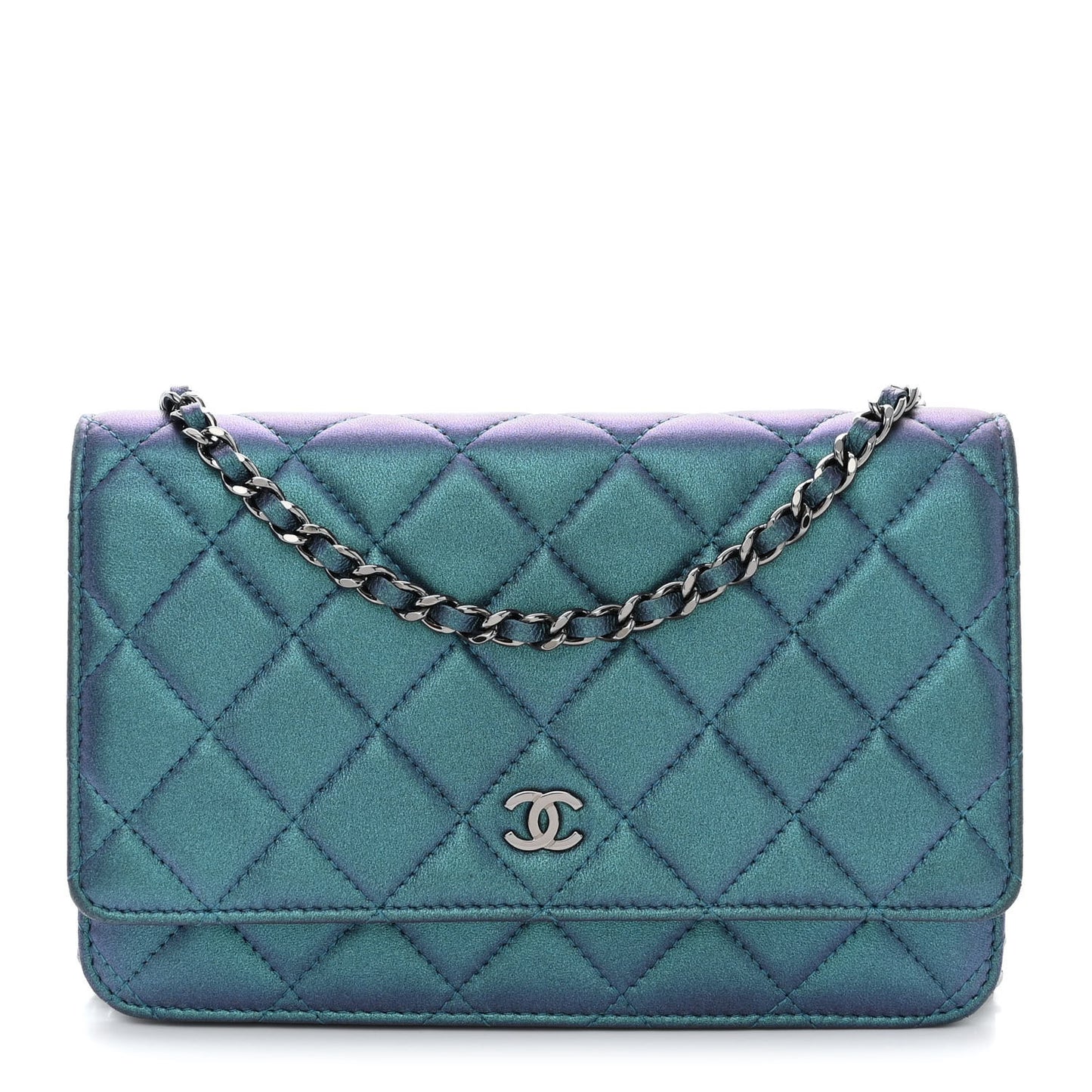 Iridescent Lambskin Quilted Wallet On Chain WOC Turquoise