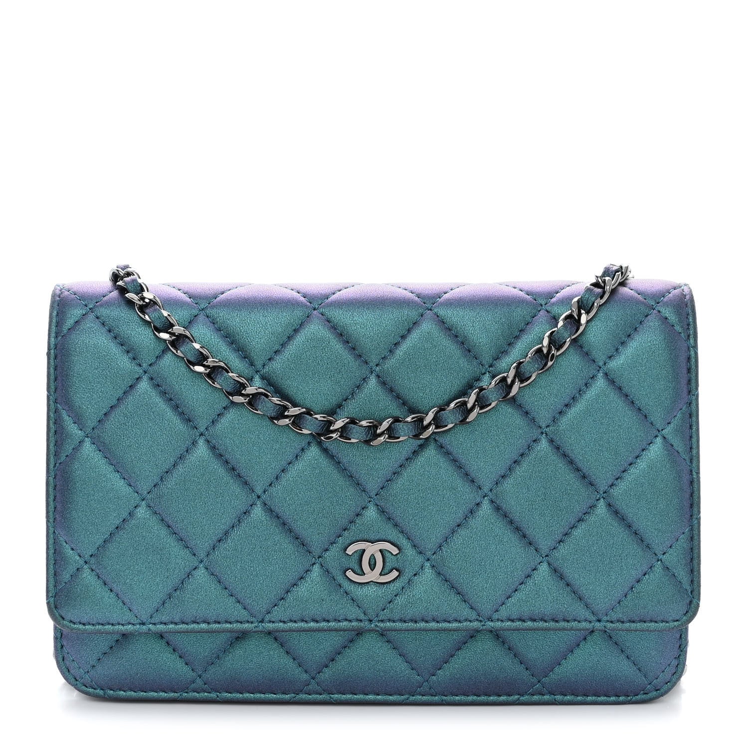 Chanel Iridescent Lambskin Quilted Wallet On Chain WOC Turquoise 1 of 12