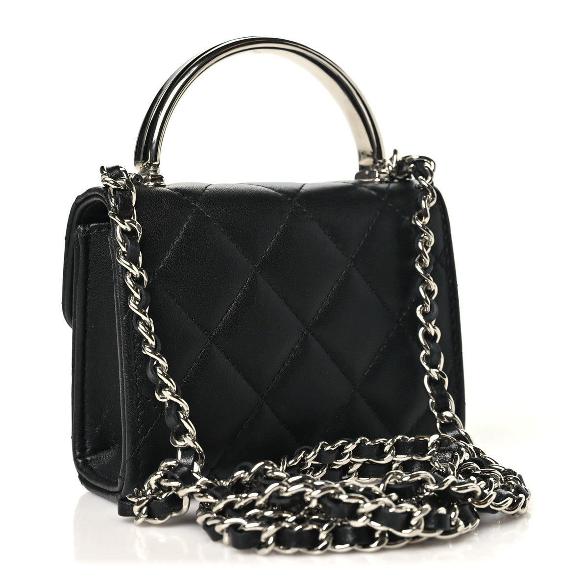 Lambskin Quilted Mini Metal Top Handle Flap Clutch With Chain  Black