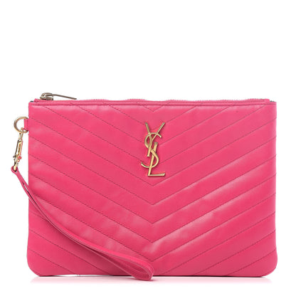 Saint Laurent Calfskin Matelasse Chevron Monogram A5 Wristlet Bubblegum 1 of 9