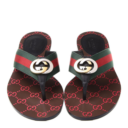 Gucci Nylon Calfskin Web GG Monogram Womens Thong Sandals 37 Green Red Cocoa 5 of 9
