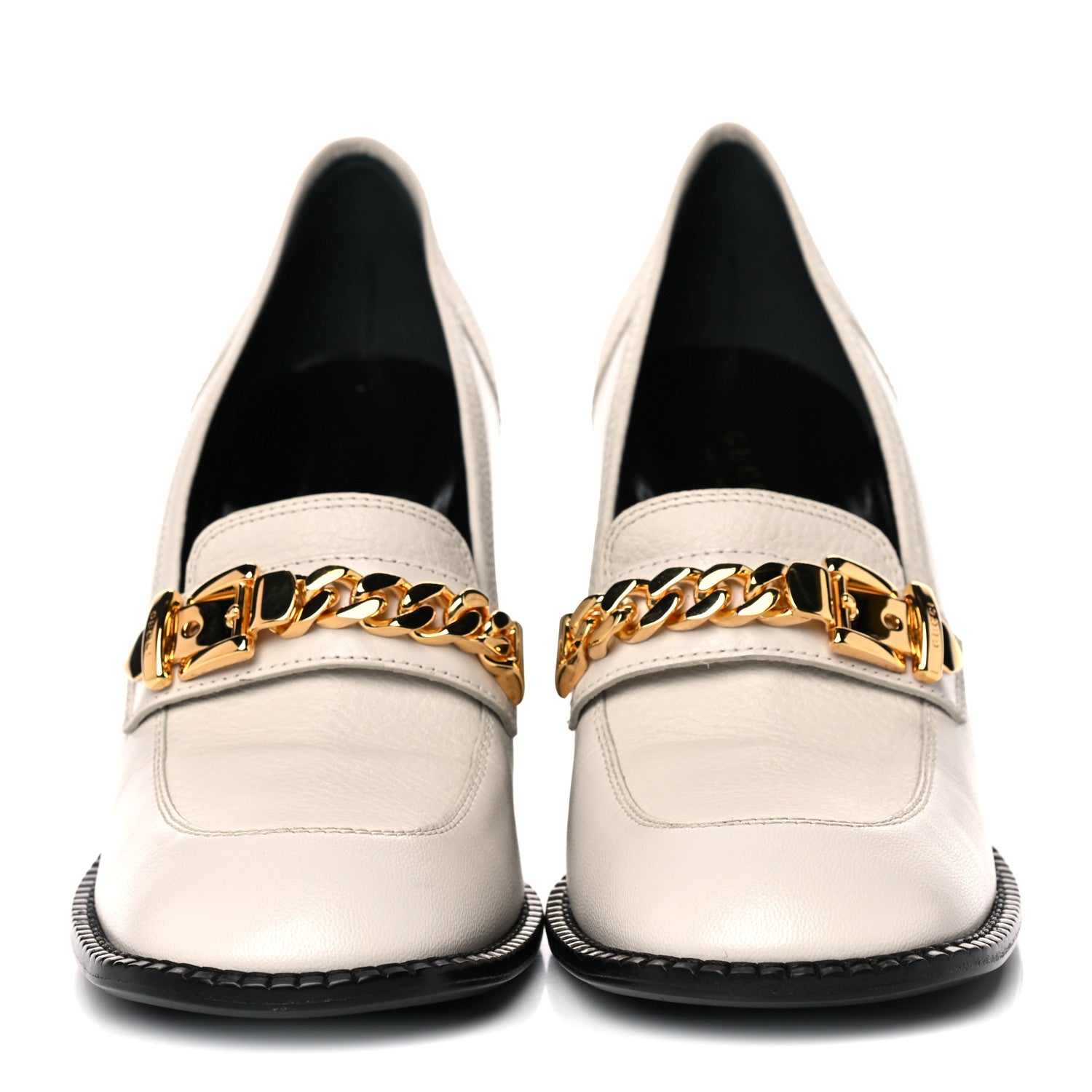 Gucci Goatskin Pebbled Calfskin Sylvie Chain Mid Heel Loafers 39.5 Mystic White 2 of 13