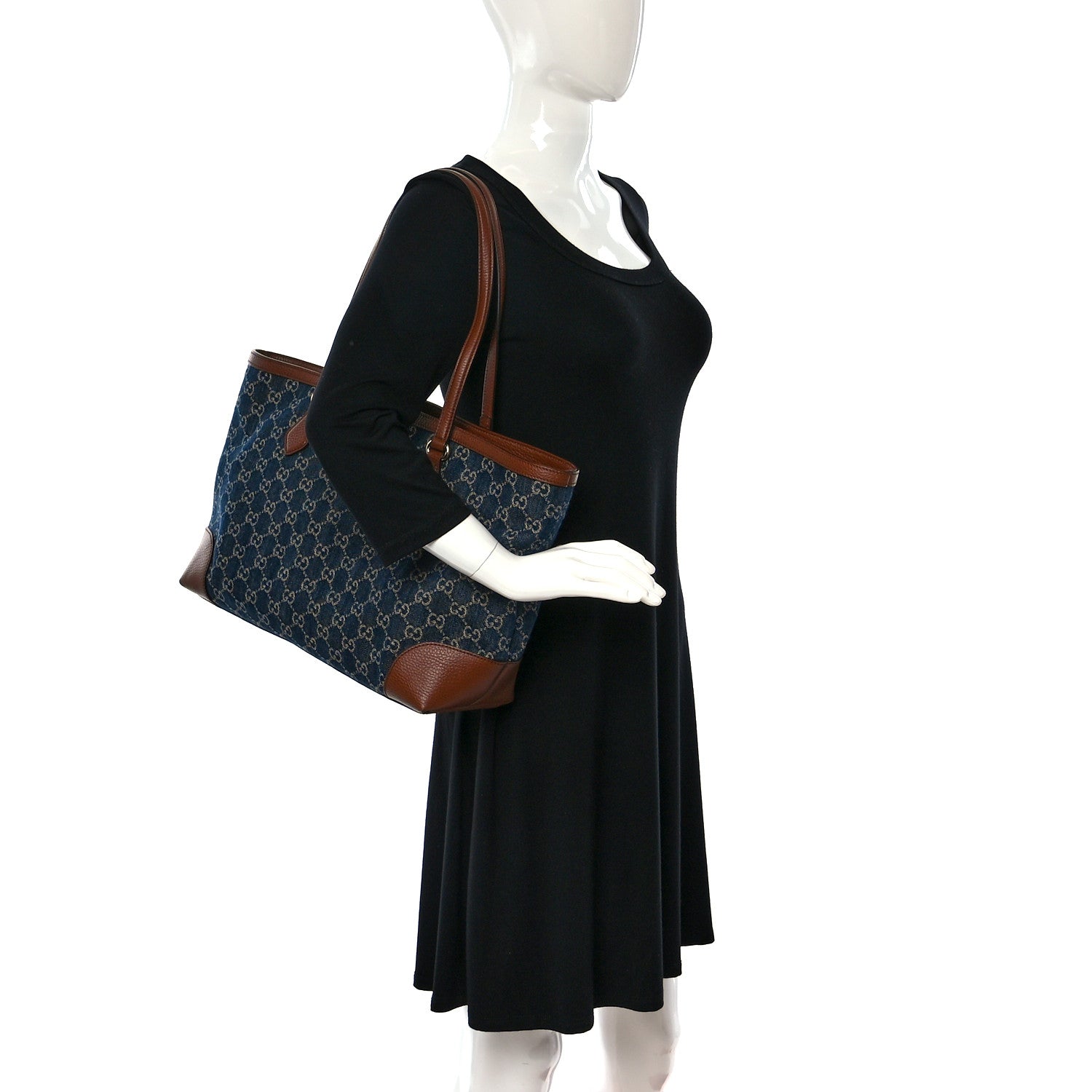 Gucci New Denim GG Monogram Medium Ophidia Shopping Tote Blue Tea Cuir 2 of 9