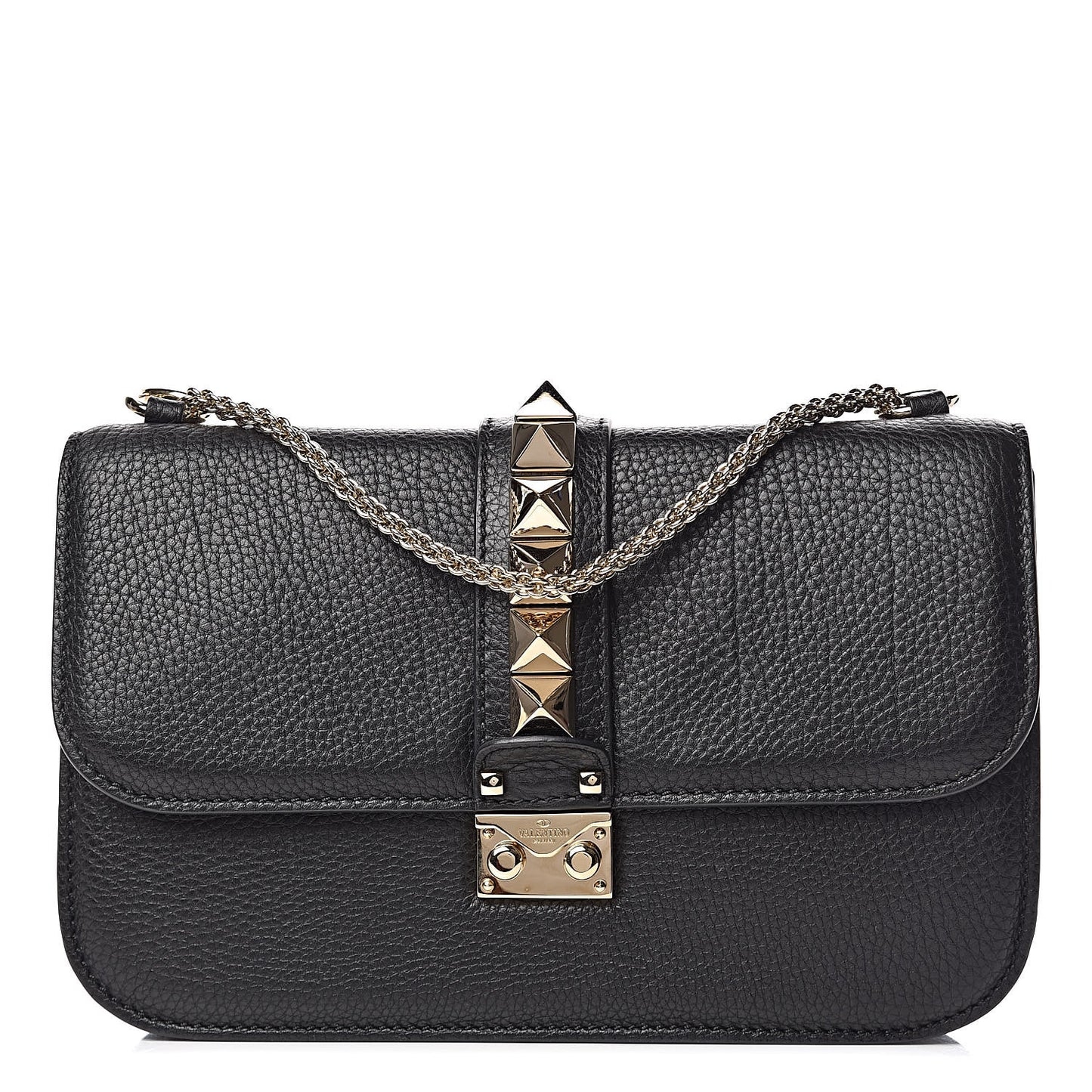 Pebbled Calfskin Medium Glam Lock Rockstud Flap Black