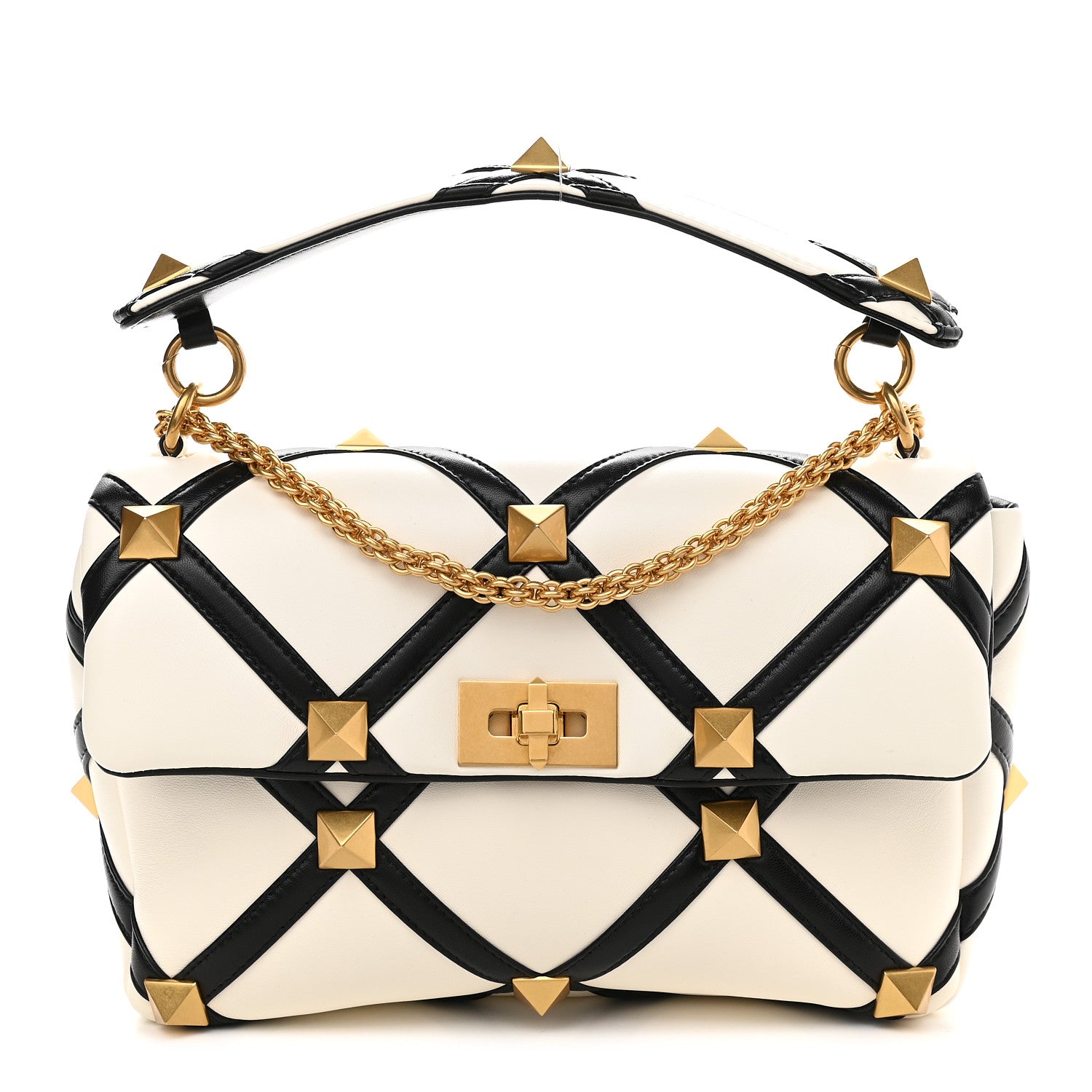 Valentino Garavani Nappa Large Roman Stud Shoulder Bag Ivory Black 1 of 12