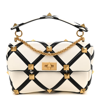 Valentino Garavani Nappa Large Roman Stud Shoulder Bag Ivory Black 1 of 12