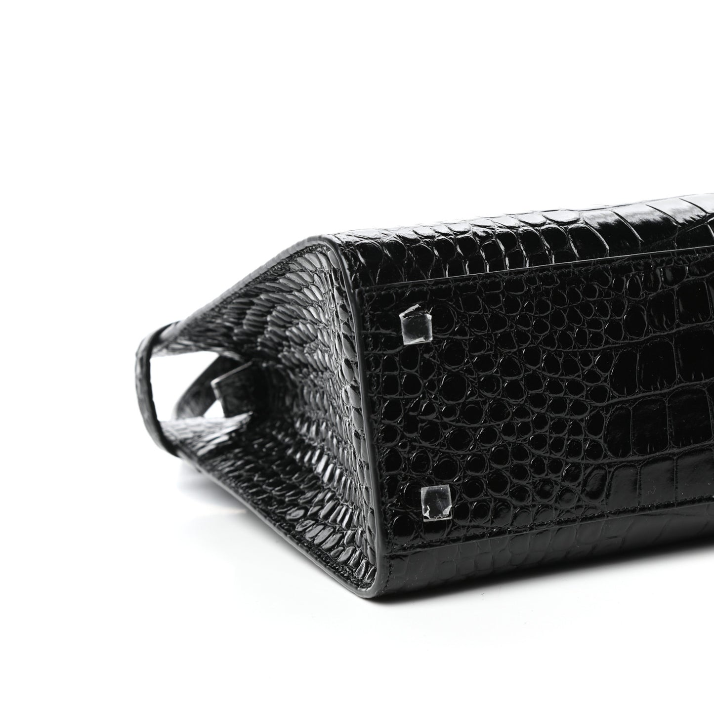 Shiny Calfskin Crocodile Embossed Small Manhattan Shopper Tote Black