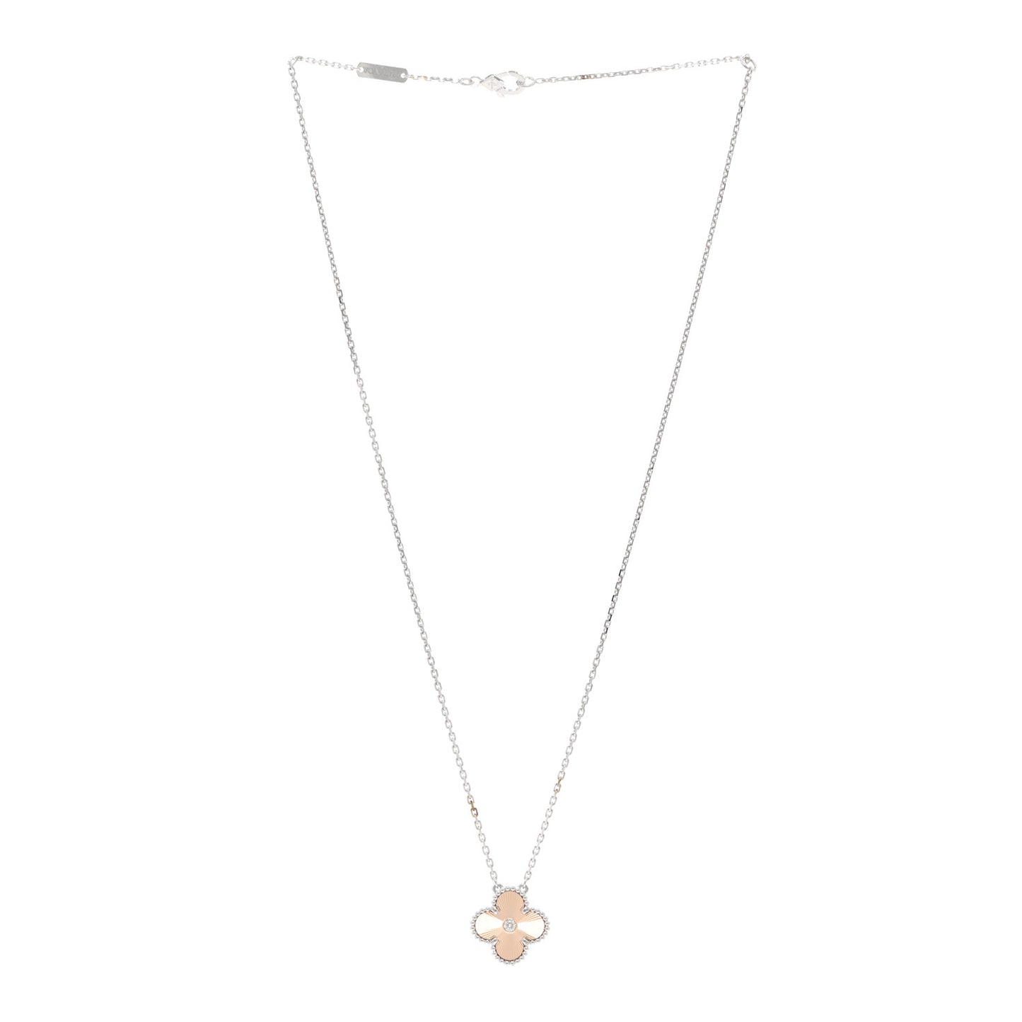 18K White Rose Gold Diamond Guilloche Vintage Alhambra Pendant Necklace