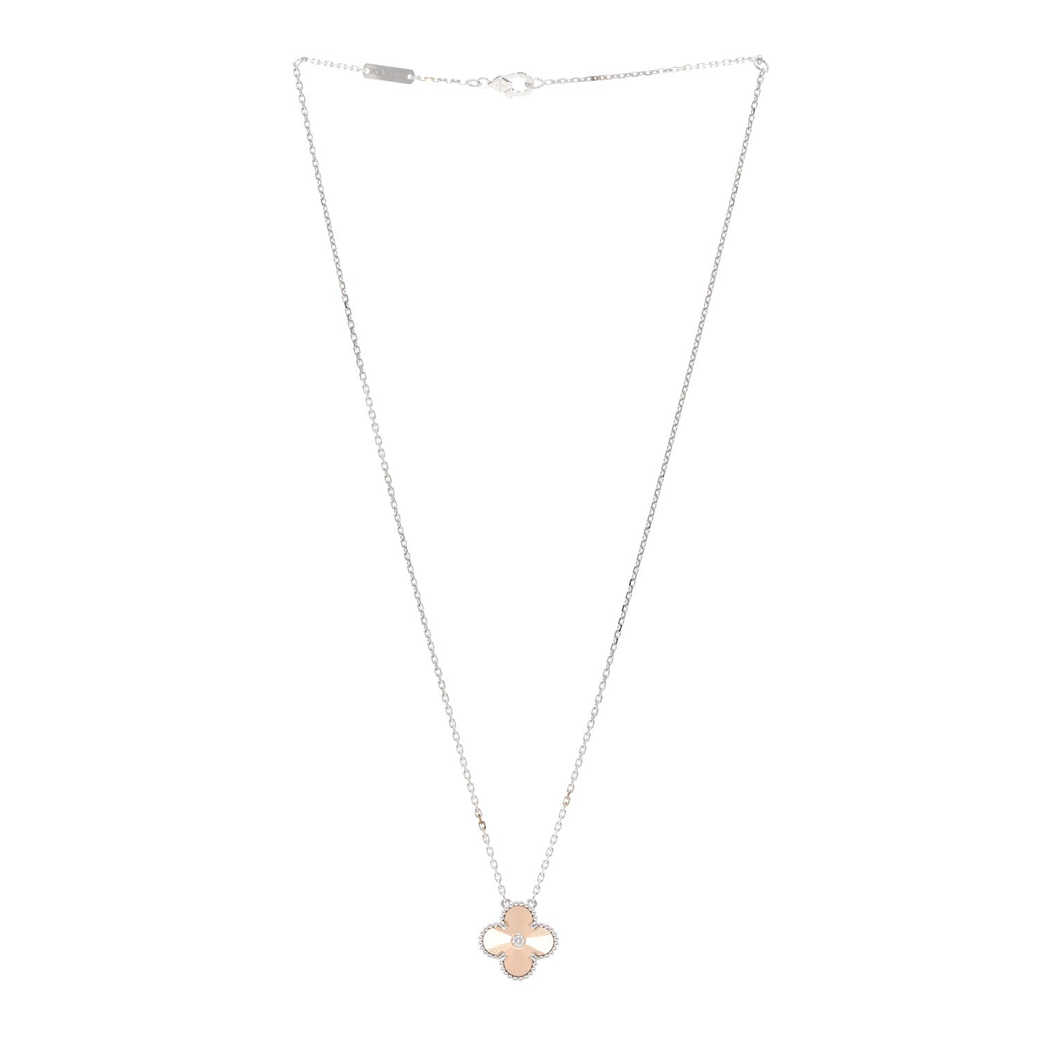 Van Cleef & Arpels 18K White Rose Gold Diamond Guilloche Vintage Alhambra Pendant Necklace 3 of 5
