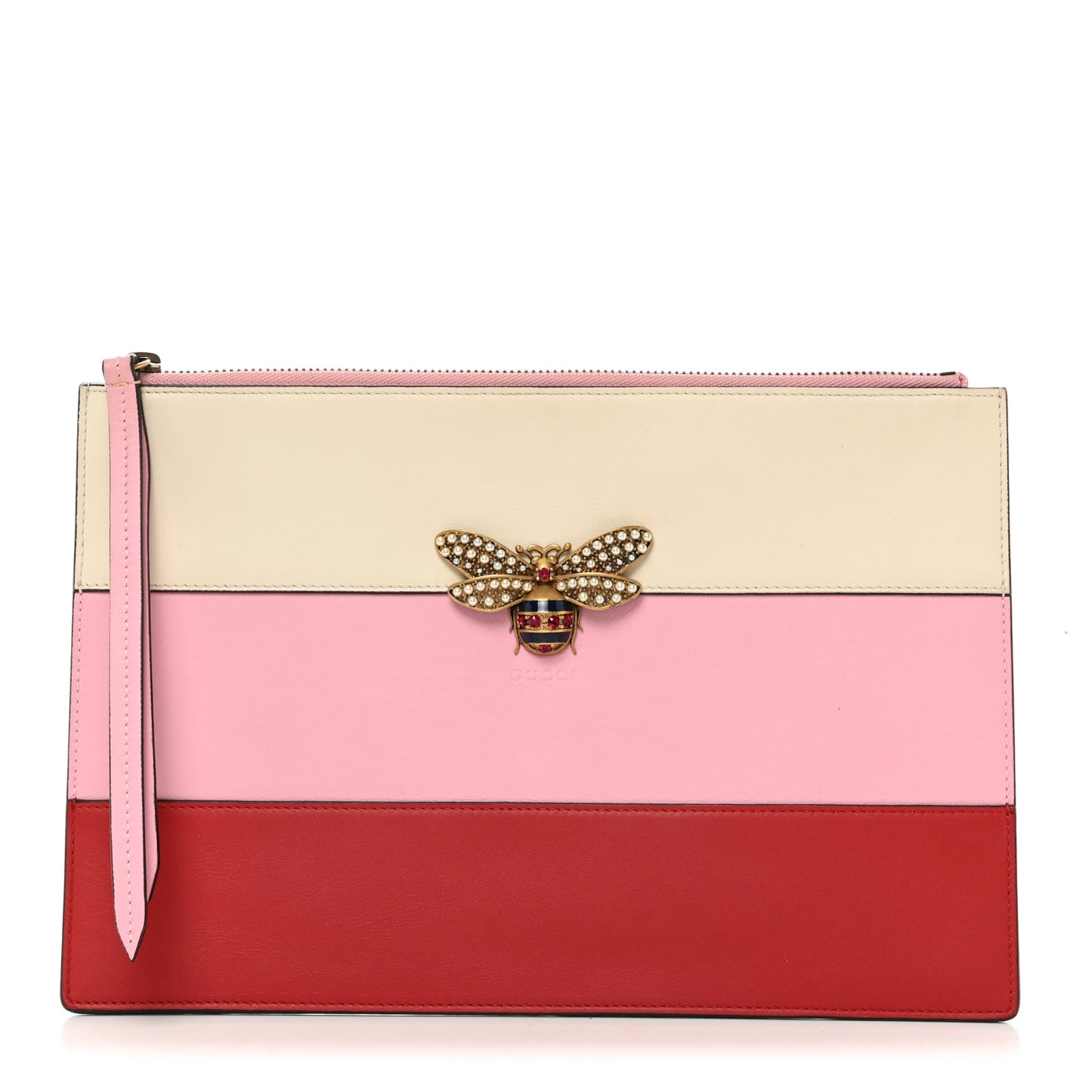 Calfskin Striped Oversized Bee Zip Pouch White Pink Red