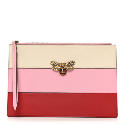 Gucci Calfskin Striped Oversized Bee Zip Pouch White Pink Red 1 of 9