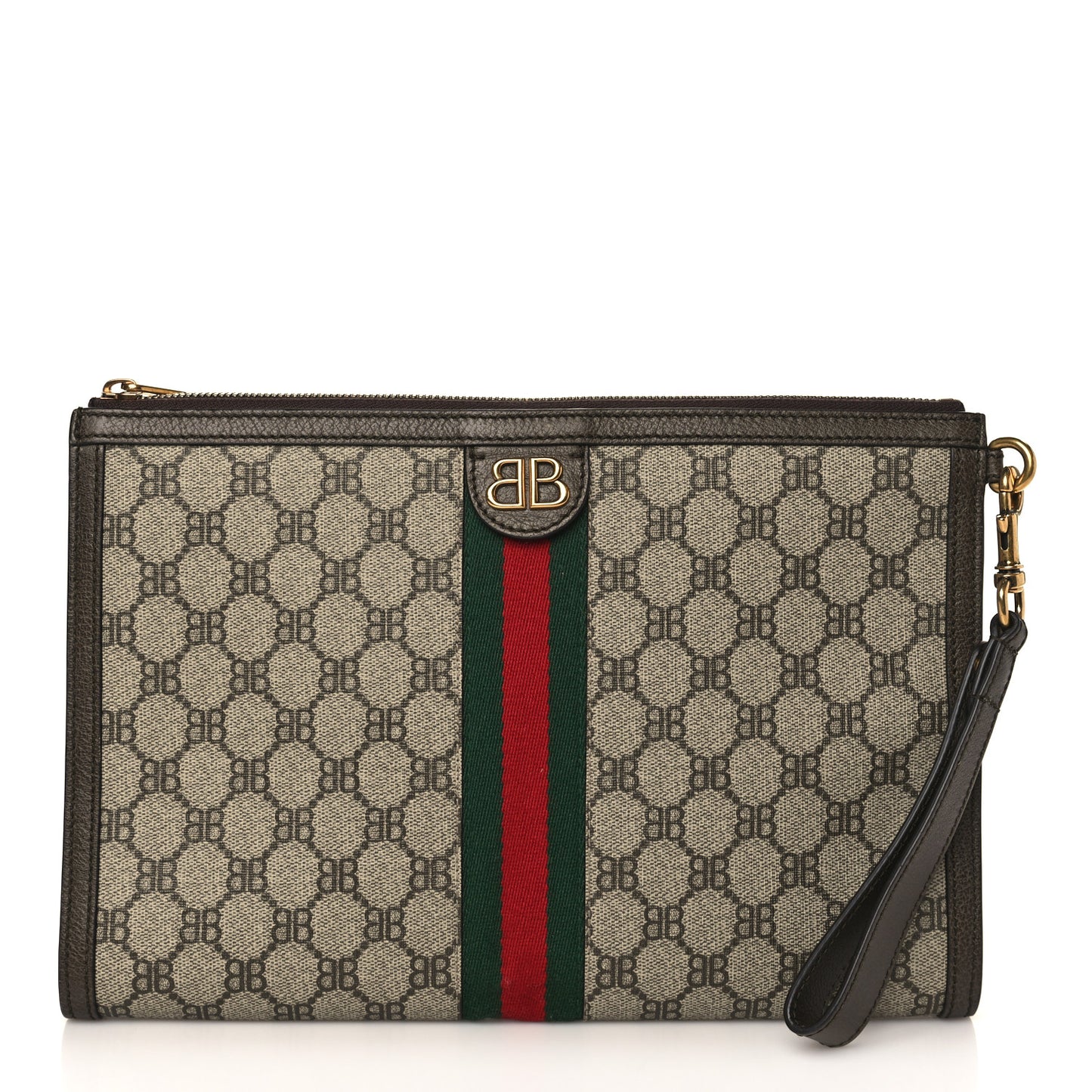 X BALENCIAGA BB Supreme Monogram Web Ophidia Wristlet Beige New Acero