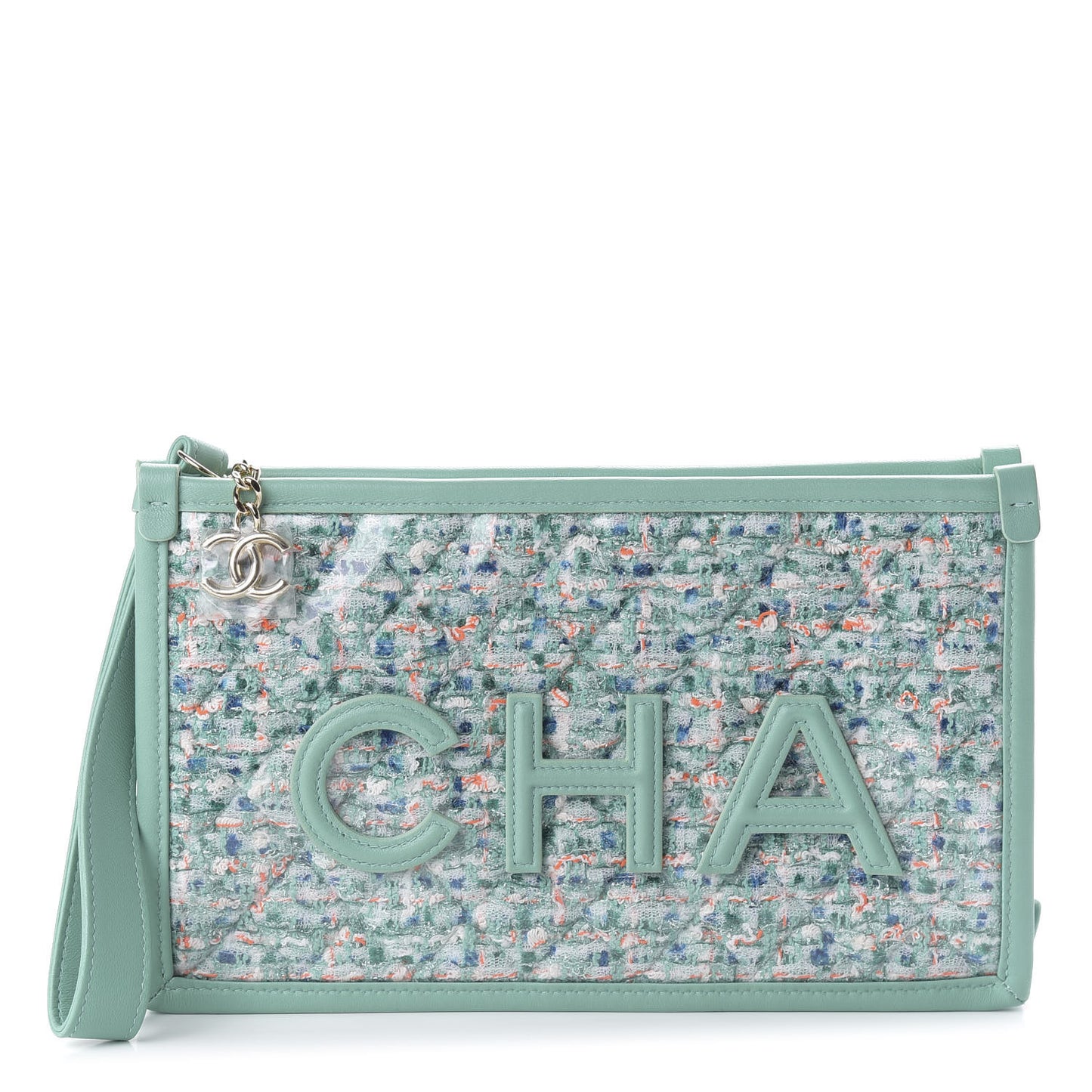Tweed Lambskin PVC Quilted Wristlet Pouch Green