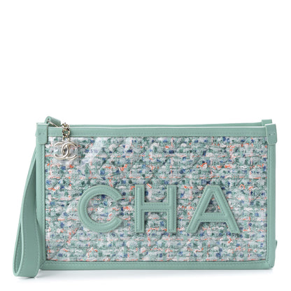Chanel Tweed Lambskin PVC Quilted Wristlet Pouch Green 1 of 10