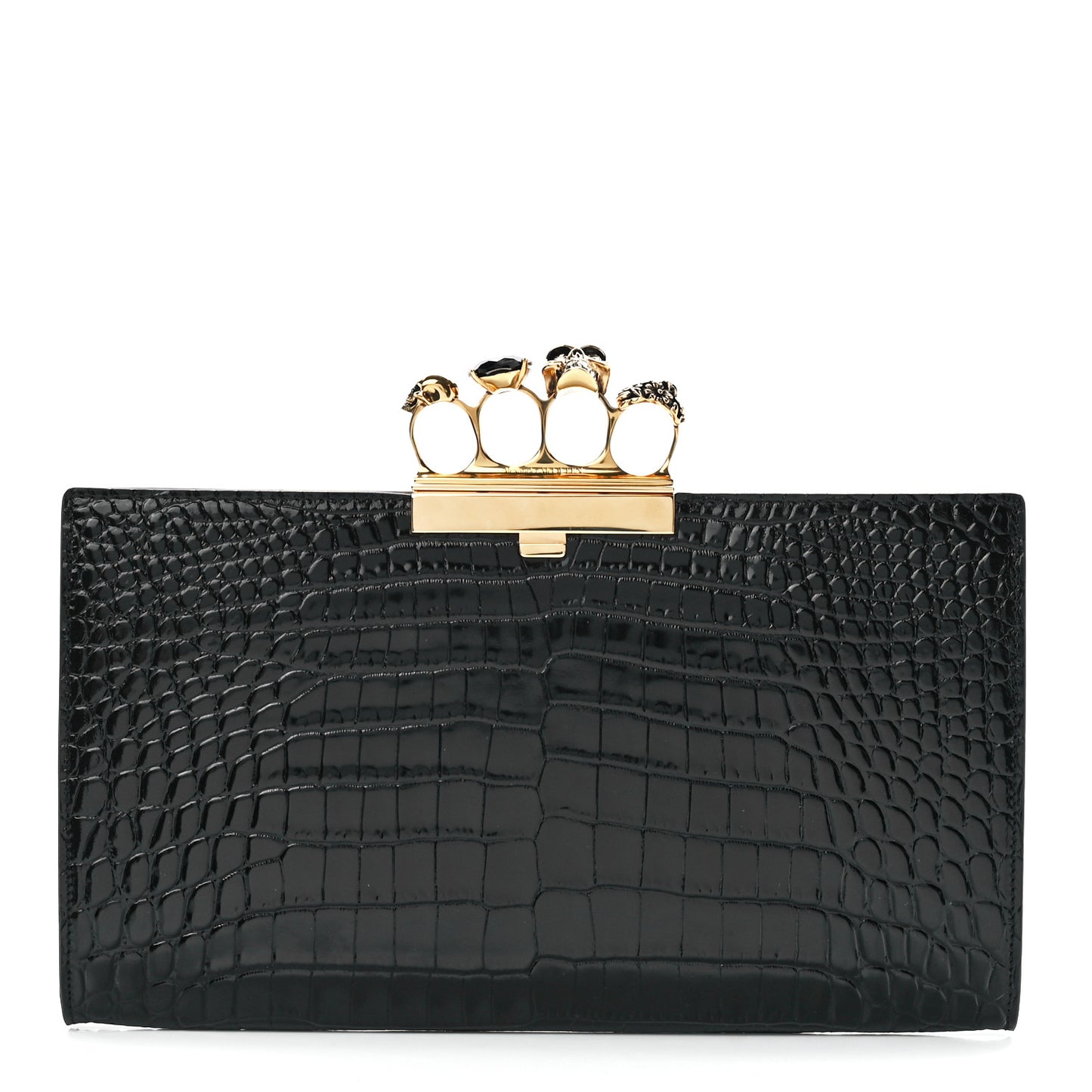 Calfskin Crocodile Embossed Knuckle Flat Clutch Black Gold