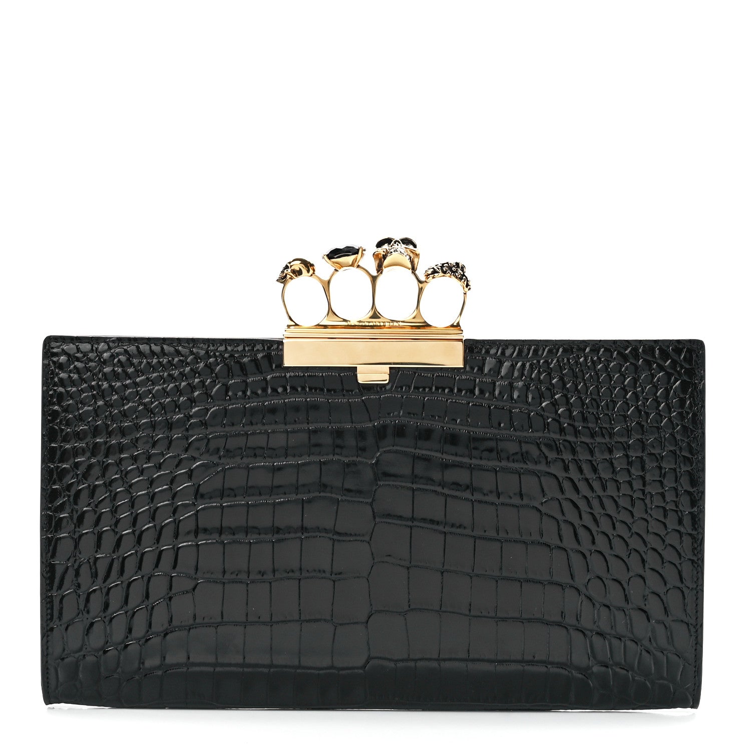 Alexander McQueen Calfskin Crocodile Embossed Knuckle Flat Clutch Black Gold 1 of 11
