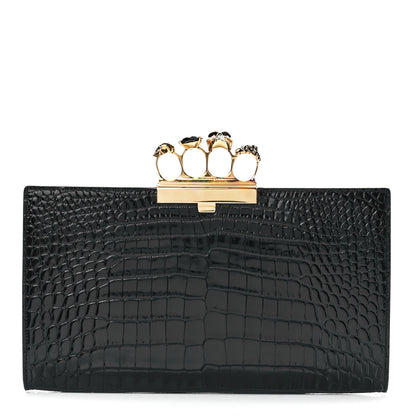 Alexander McQueen Calfskin Crocodile Embossed Knuckle Flat Clutch Black Gold 1 of 11