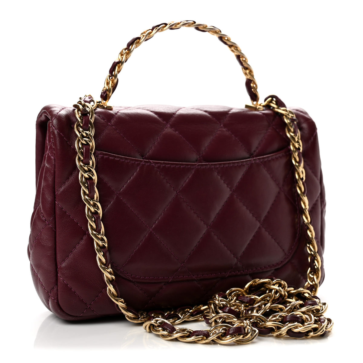 Shiny Lambskin Quilted Golden Links Top Handle Flap Dark Purple