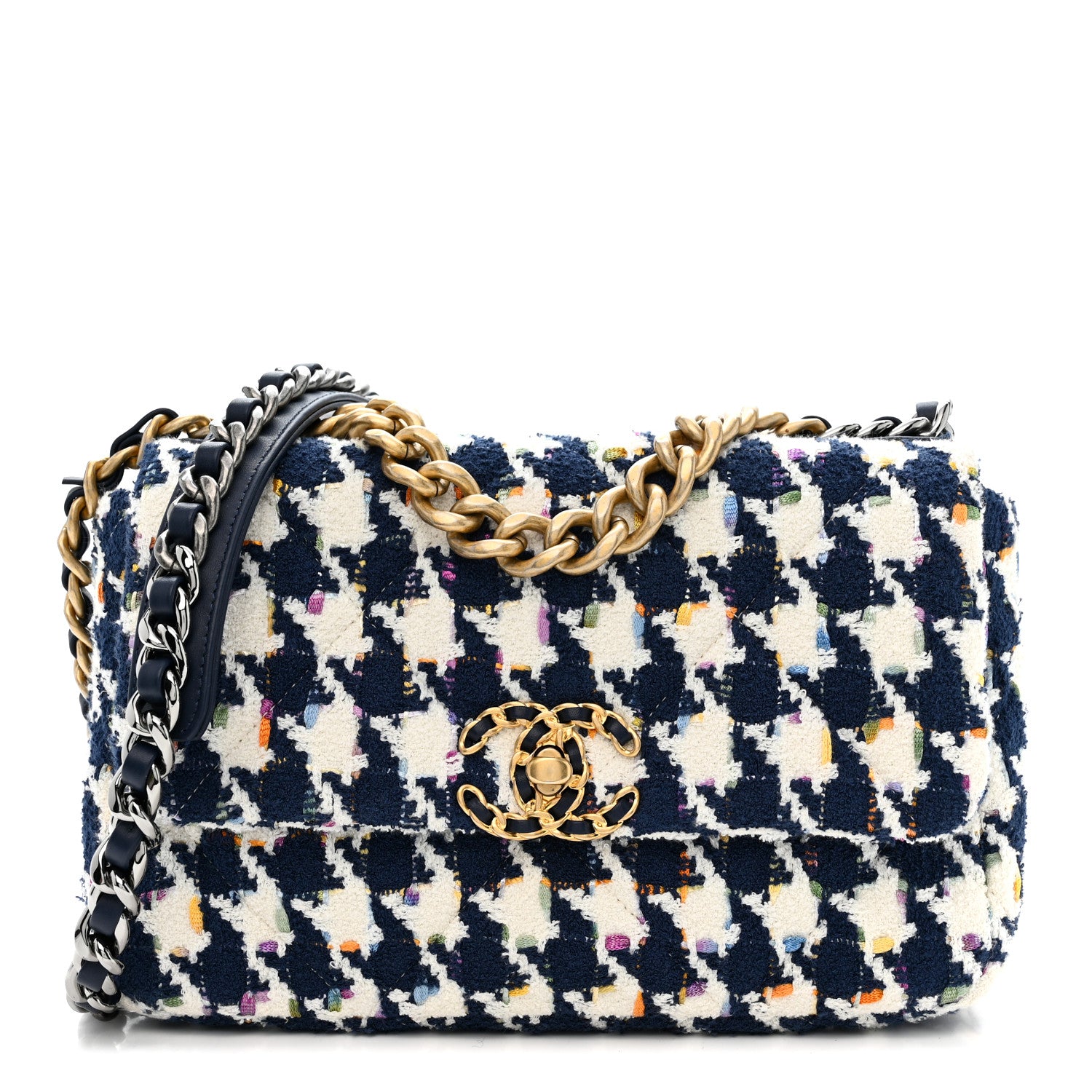 Chanel Tweed Quilted Medium Chanel 19 Flap Ecru Navy Blue Multicolor 1 of 10