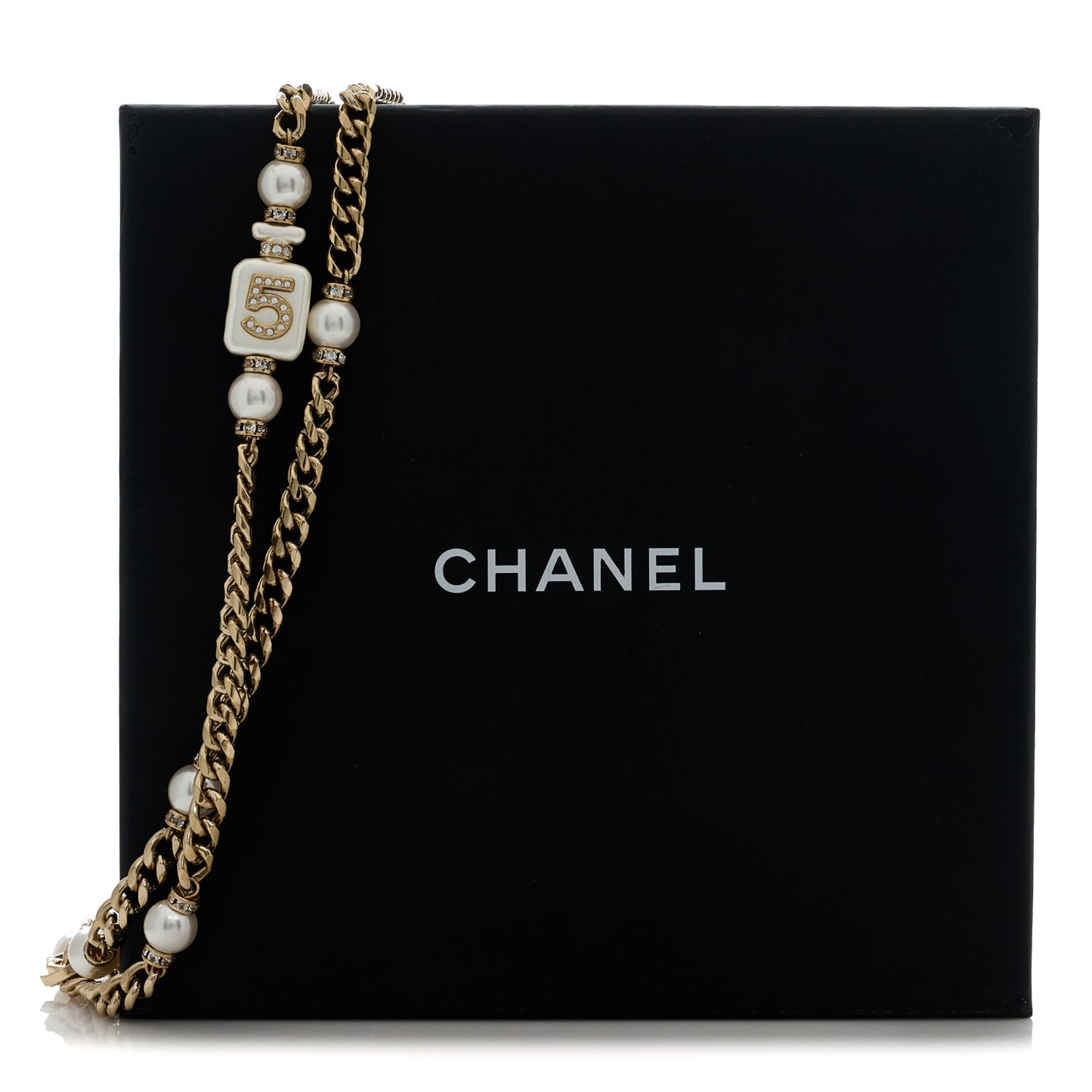 Resin Crystal CC No 5 Perfume Bottle Long Necklace Gold Pearly White