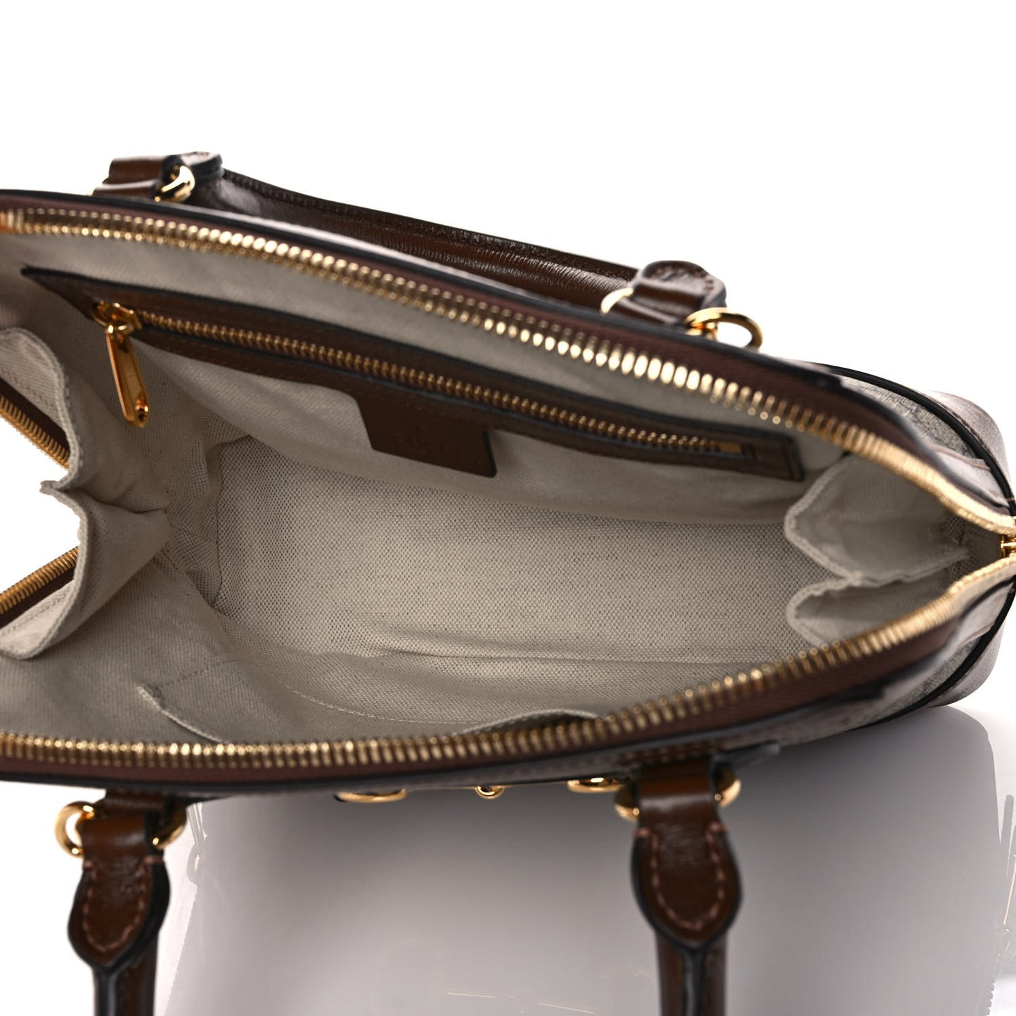 GG Supreme Monogram Azalea Calfskin Small Horsebit 1955 Top Handle Bag Beige Ebony Brown Sugar