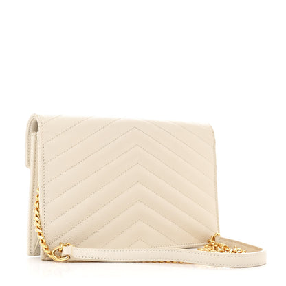 Saint Laurent Grain De Poudre Matelasse Chevron Monogram Envelope Chain Wallet Crema Soft 3 of 14