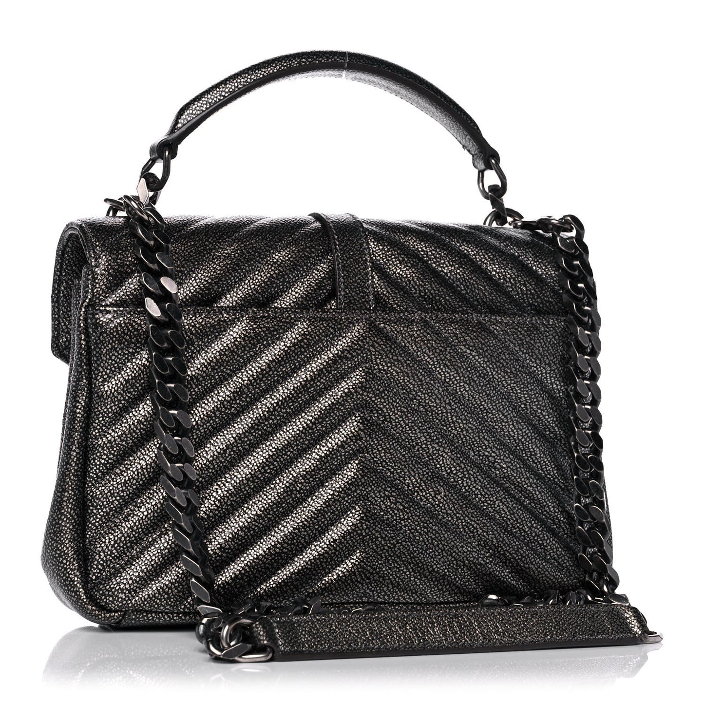 Metallic Grain De Poudre Matelasse Chevron Monogram Medium College Bag Gunmetal