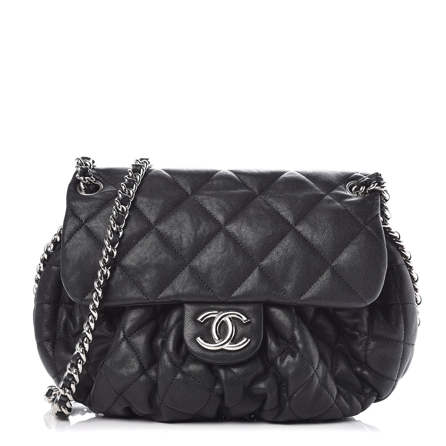 Washed Lambskin Quilted Medium Chain Around Messenger Black