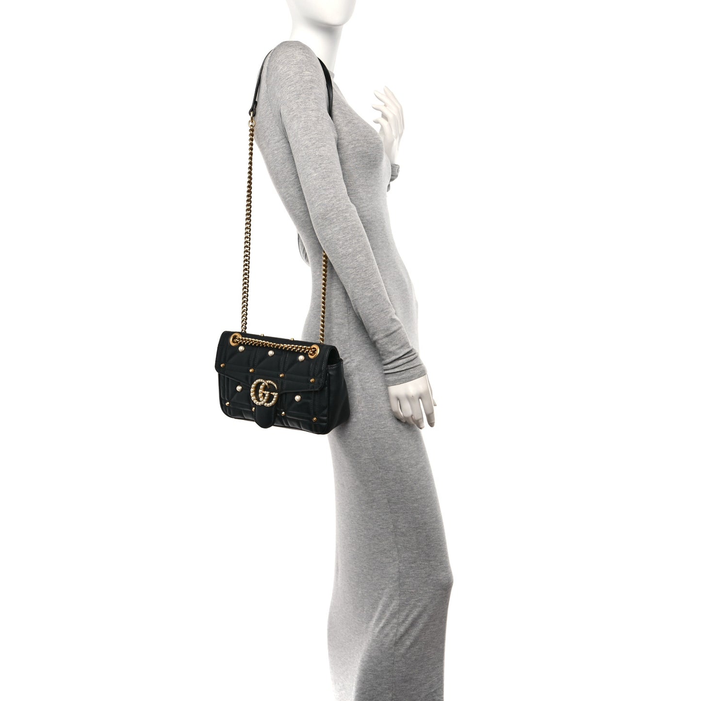 Calfskin Matelasse Studded Small Pearly GG Marmont Shoulder Bag Black