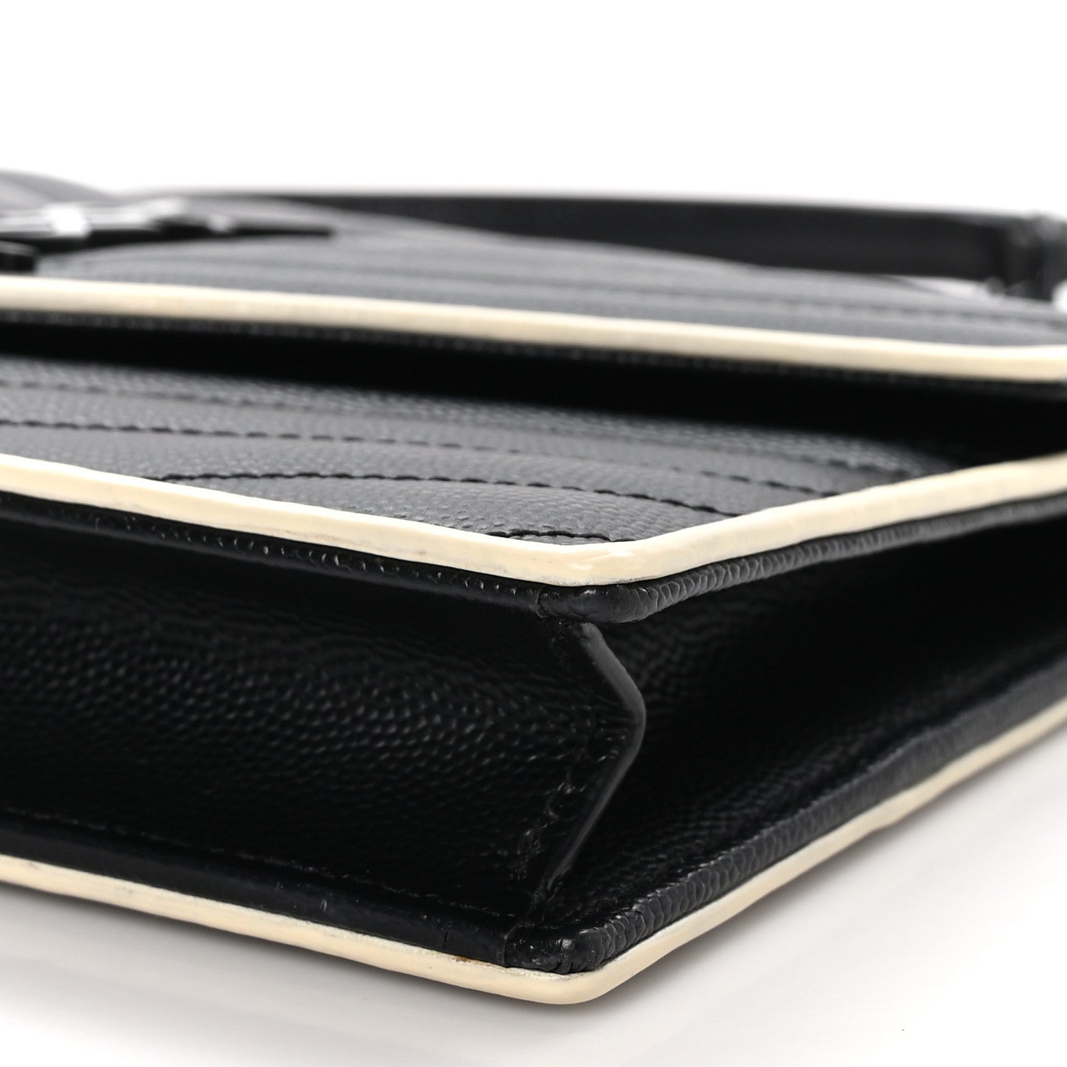 Saint Laurent Grain De Poudre Matelasse Chevron Monogram Envelope Chain Wallet Black White 10 of 10