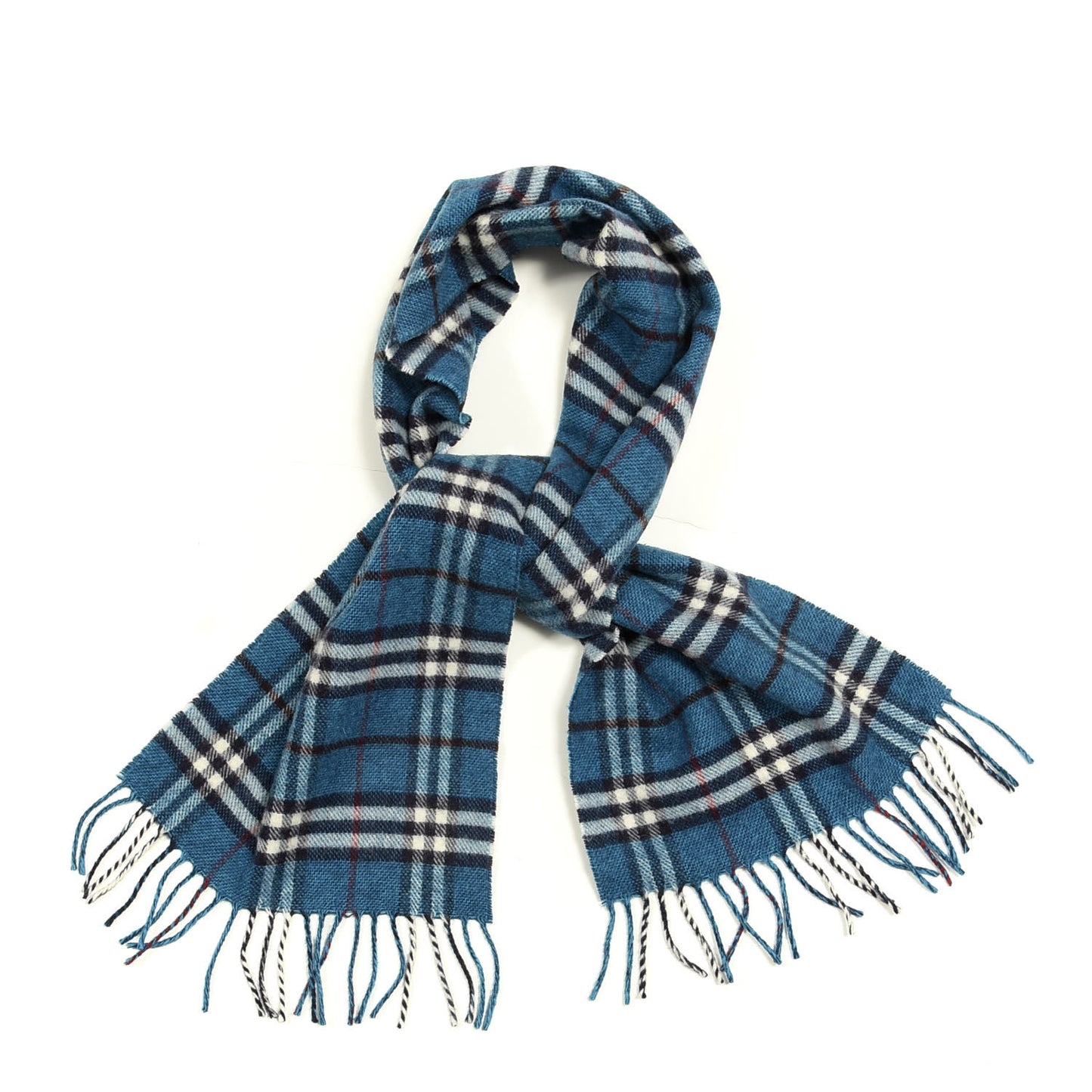 Merino Wool Cashmere Vintage Check Fringe Scarf Blue