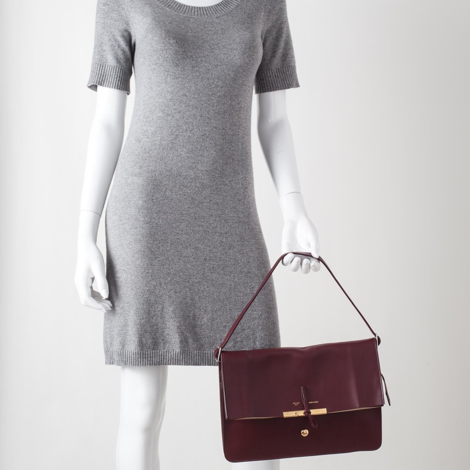 Celine Calfskin Medium Clasp Shoulder Bag Wine 2 of 9