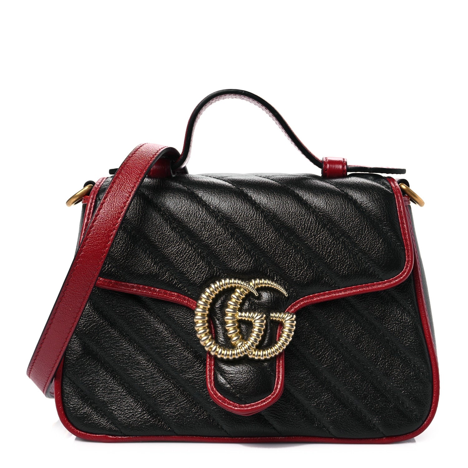 Gucci Vintage Effect Calfskin Matelasse Diagonal Mini Torchon GG Marmont Top Handle Shoulder Bag Black Romantic Cherry 1 of 7