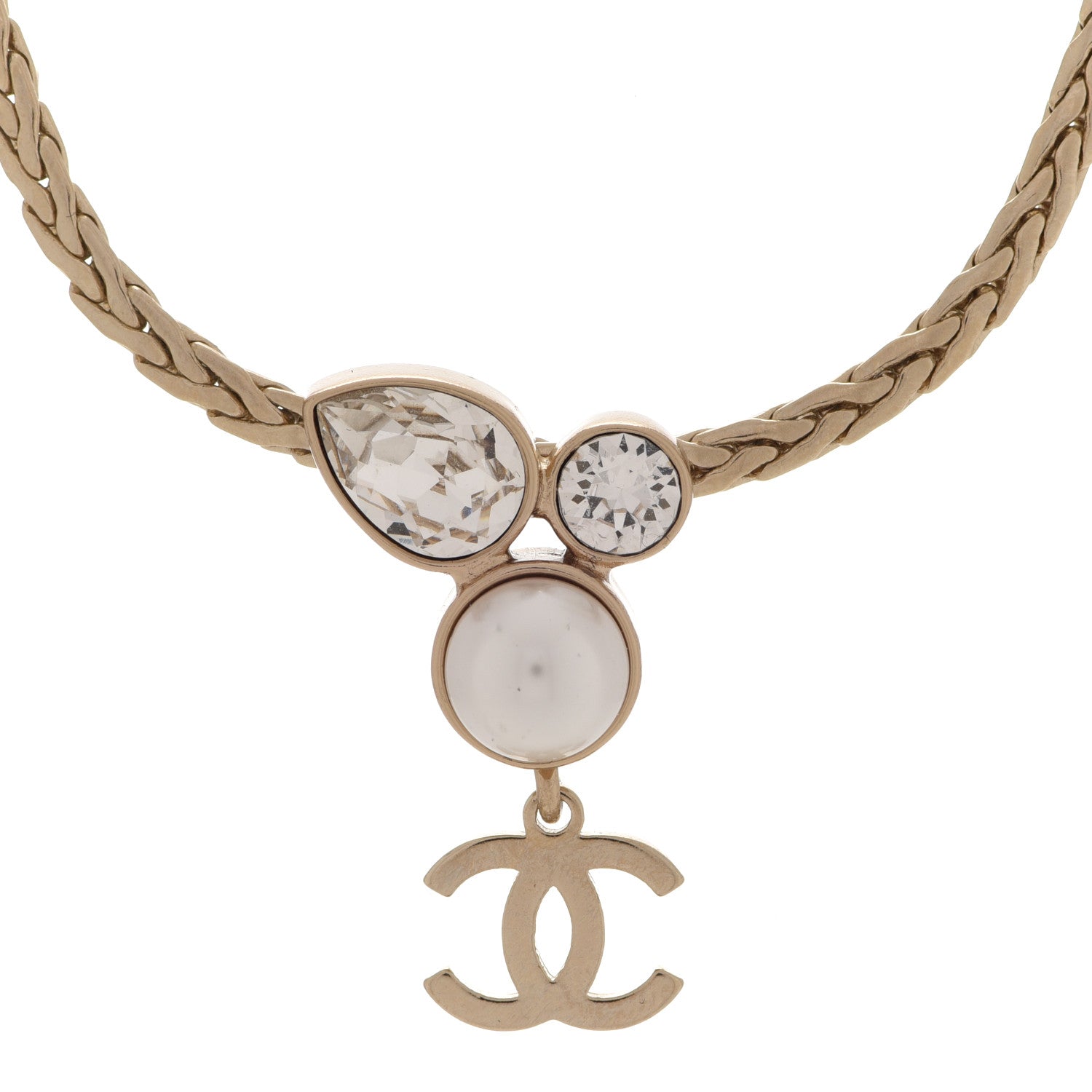 Chanel Pearl Crystal CC Teardrop Braided Necklace Gold 4 of 6